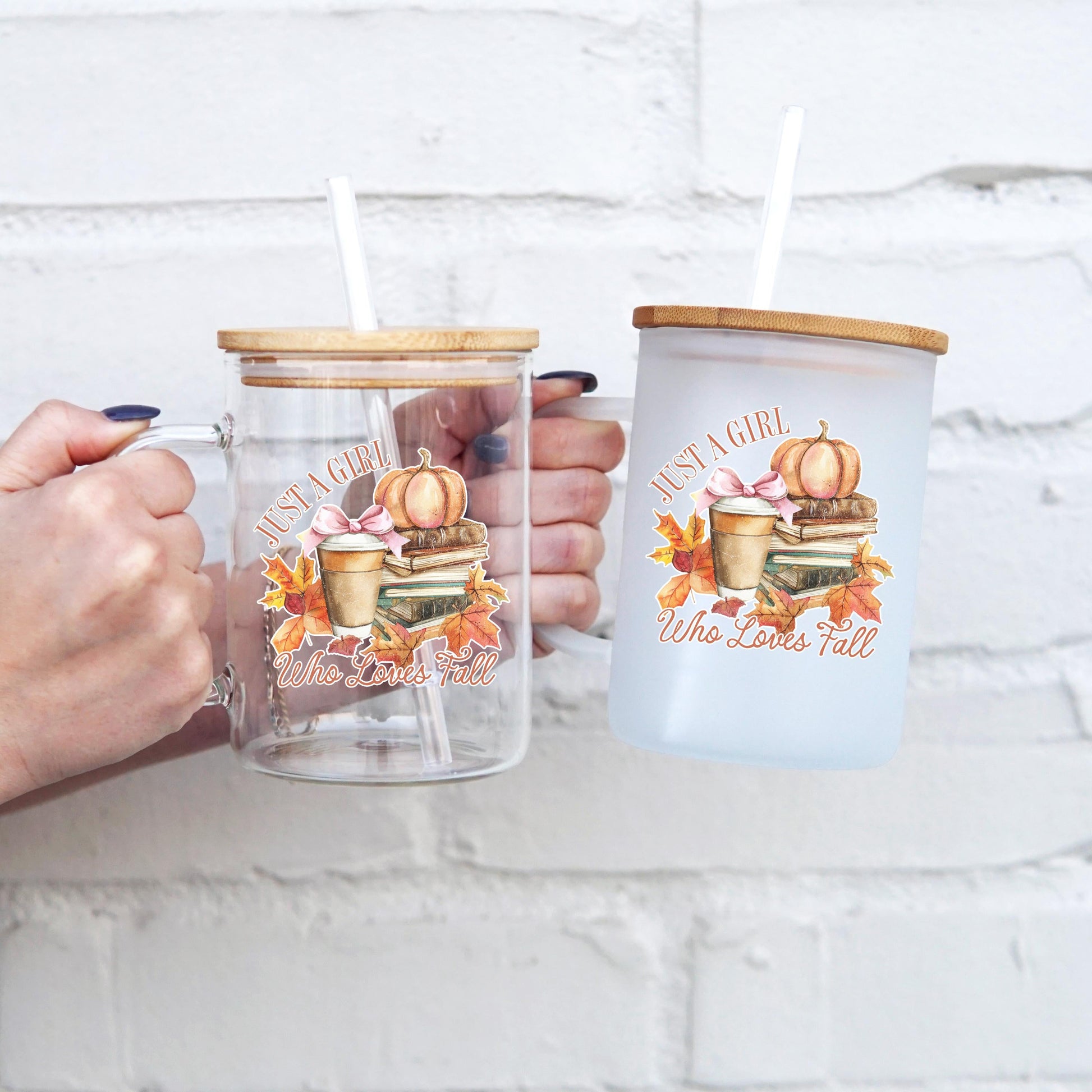 Girl Who Loves Fall 17oz Glass Mug With Lid and Straw - Sip Sip Hooray