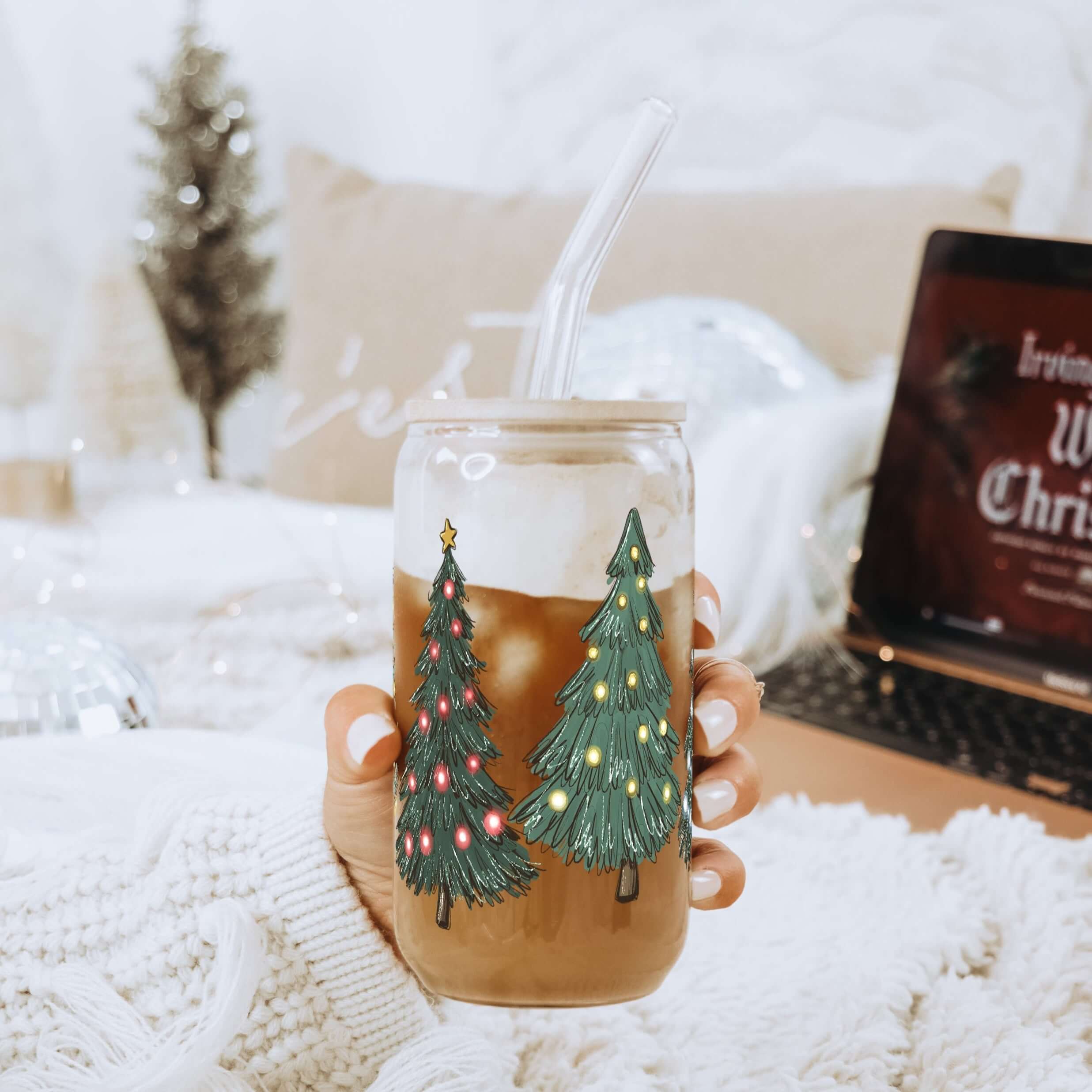 Green Christmas Trees Cup With Lid and Straw