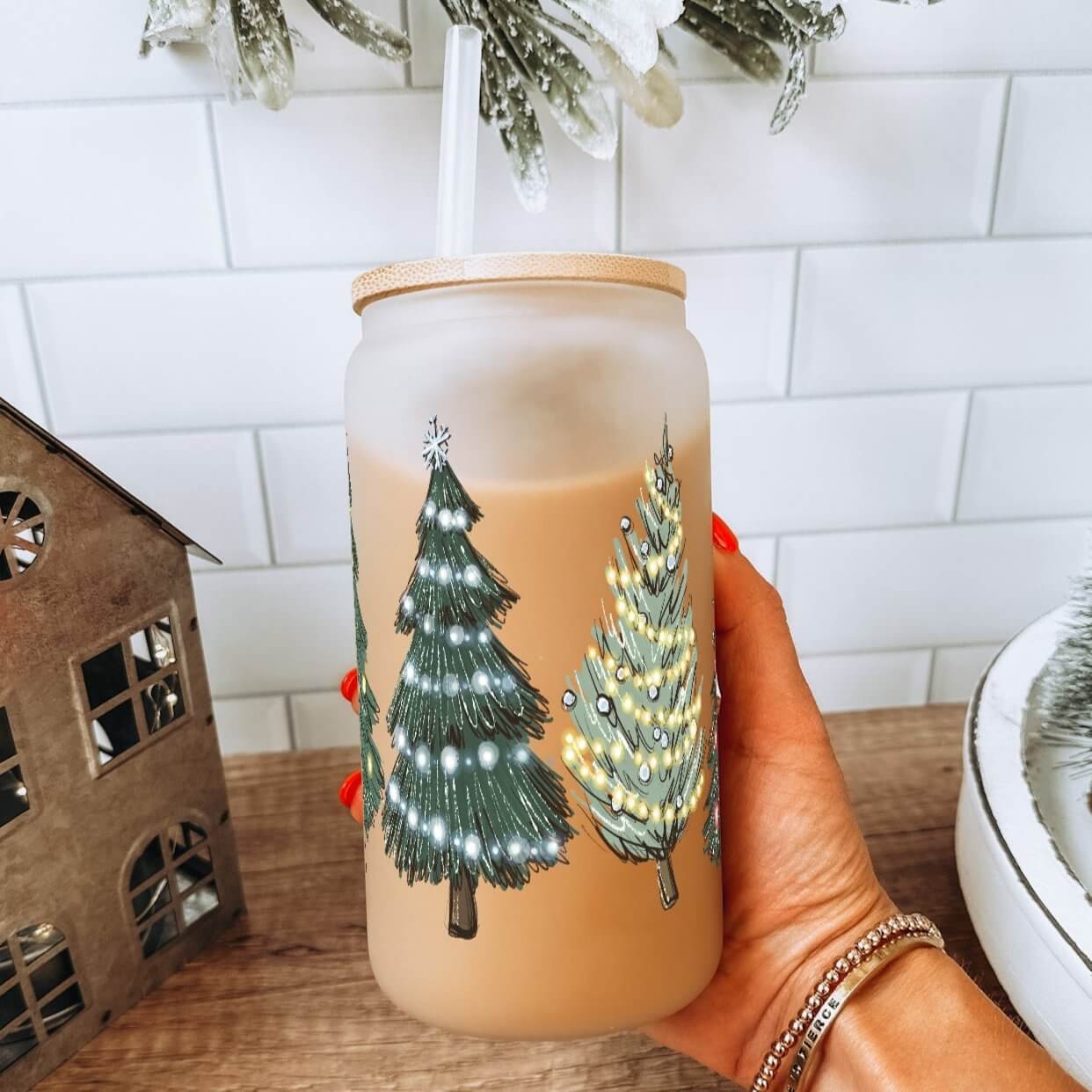 Green Christmas Trees Cup With Lid and Straw