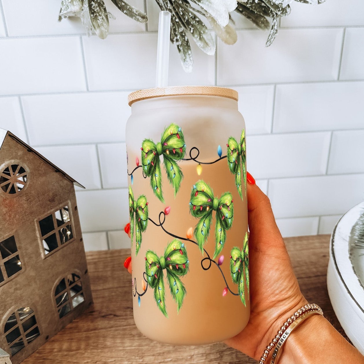 Green Fur Bows Cup With Lid and Straw - Sip Sip Hooray