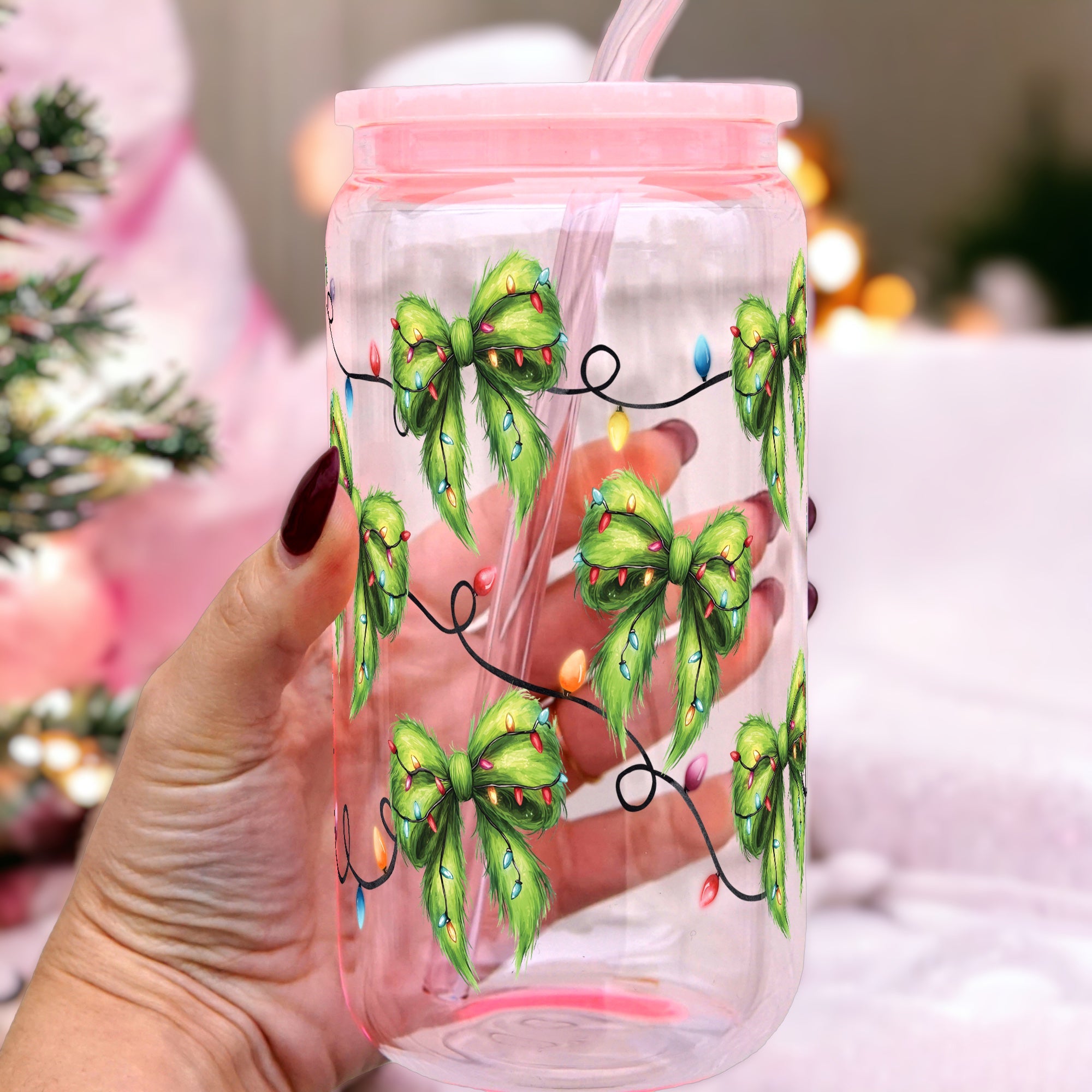 Green Fur Bows Cup With Lid and Straw - Sip Sip Hooray