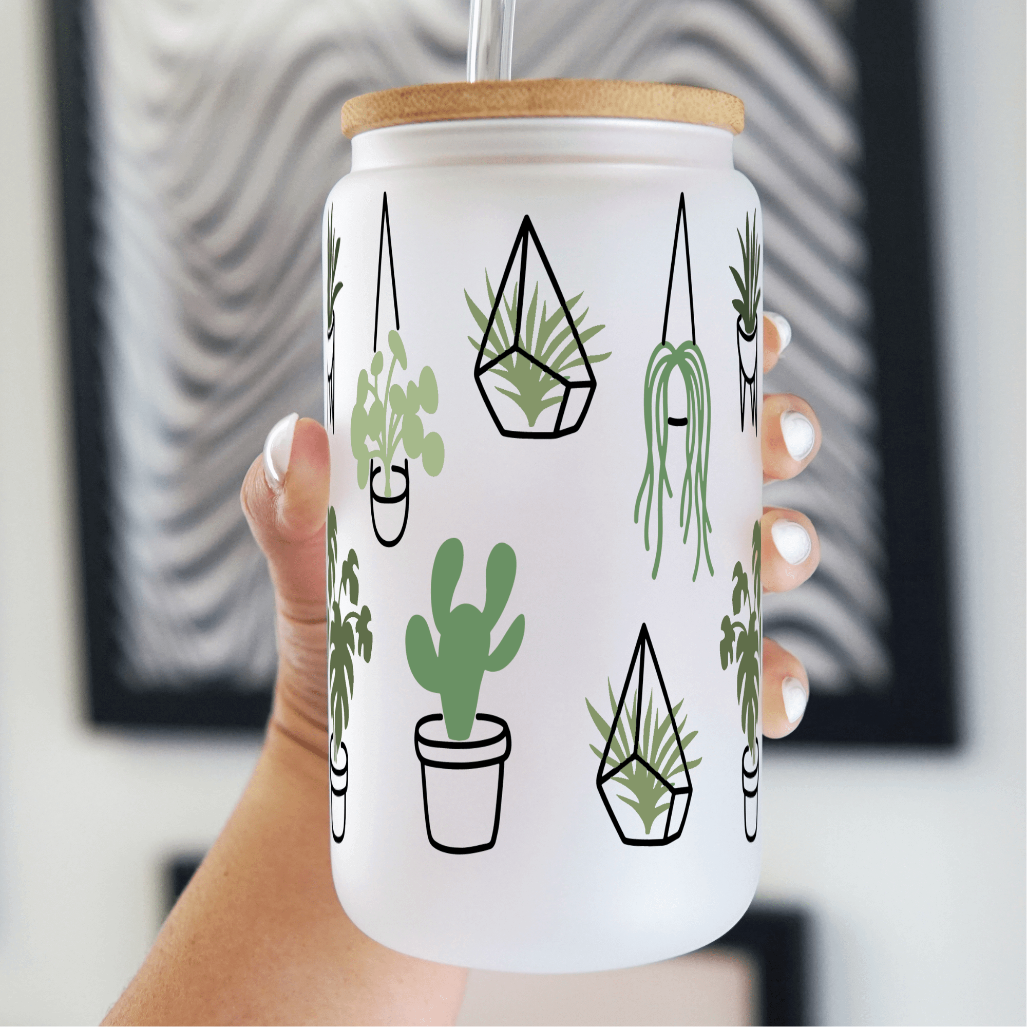Greenery Plants Glass Can With Lid and Straw
