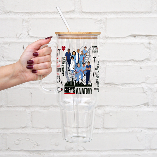 Greys Themed 40oz Glass Tumbler With Lid and Straw