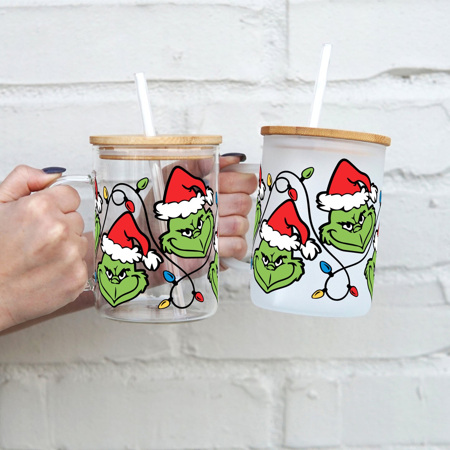 Grinch Inspired 17oz Glass Mug With Lid and Straw