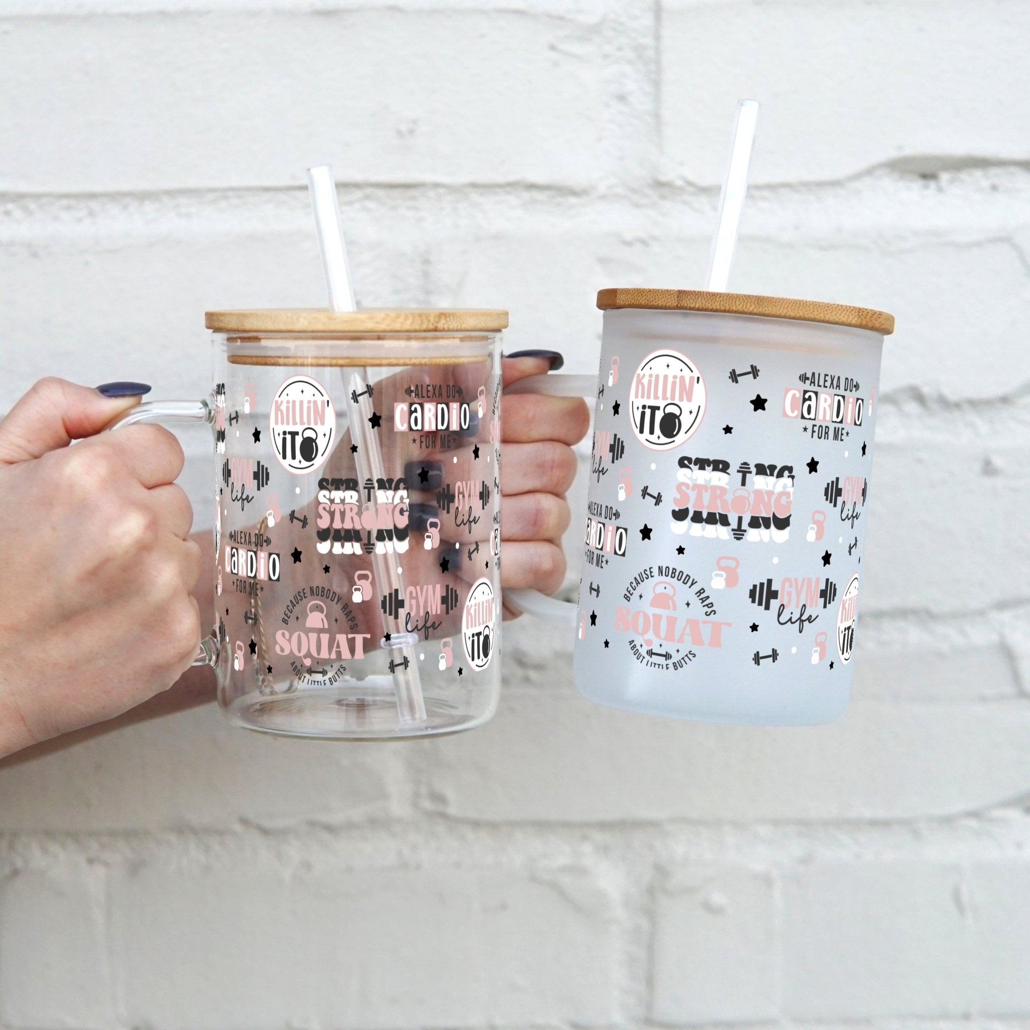 Gym Motivation 17oz Glass Mug With Lid and Straw - Sip Sip Hooray