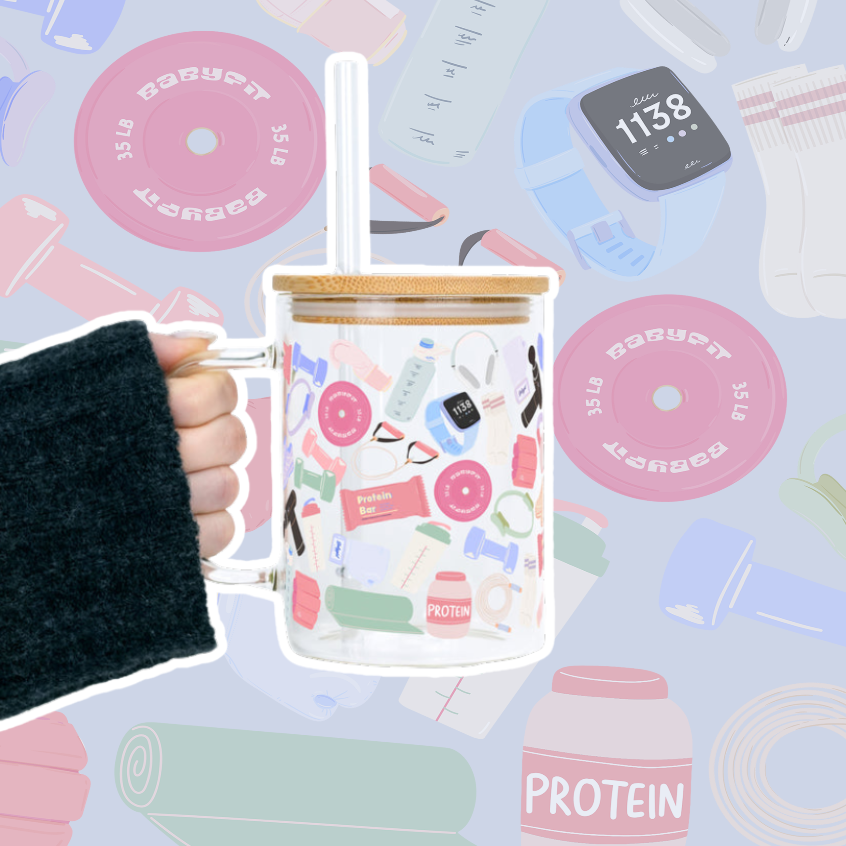 "Gym Essentials" Clear Glass Mug with Lid & Straw