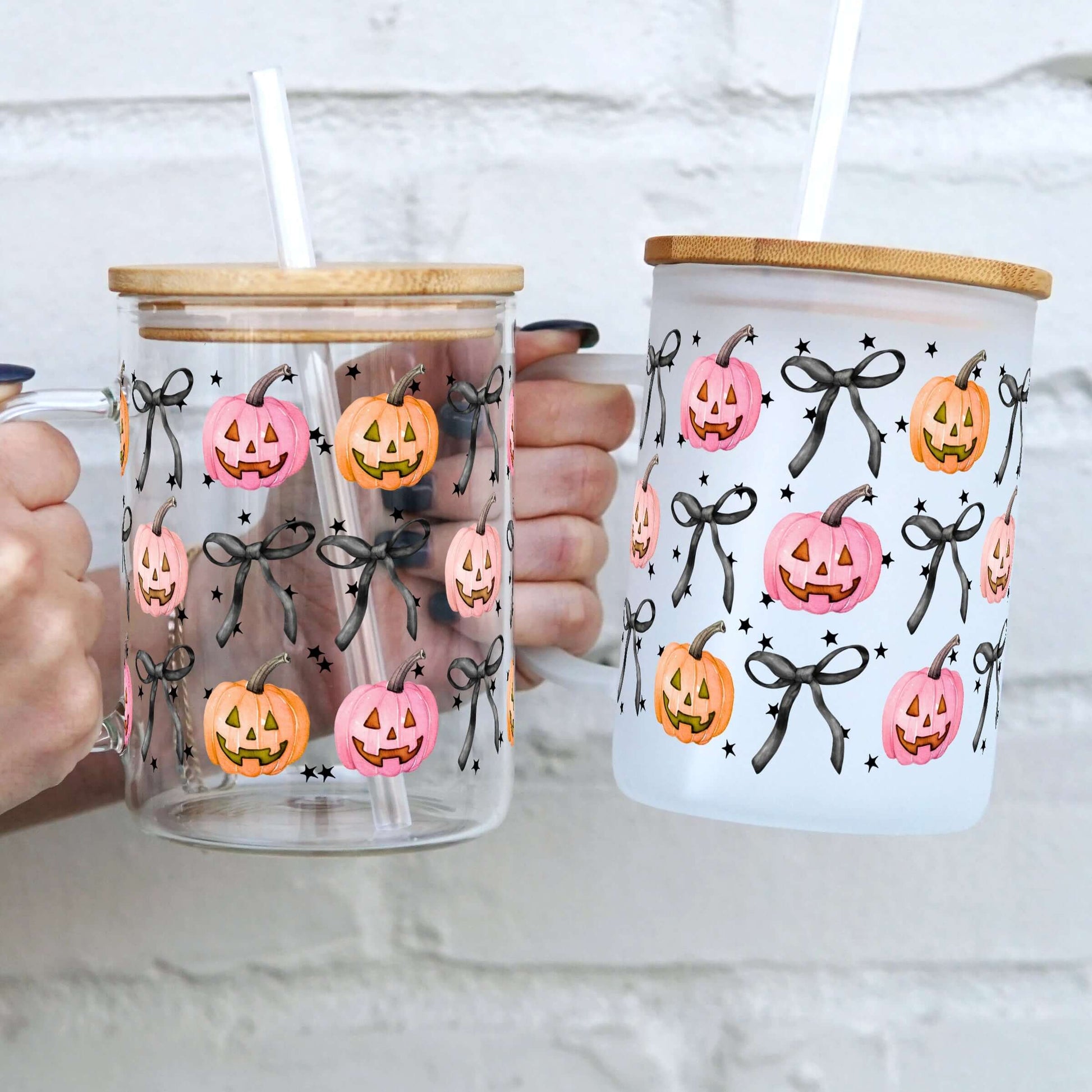 Halloween Coquette Pumpkins 17oz Glass Mug With Lid and Straw - Sip Sip Hooray