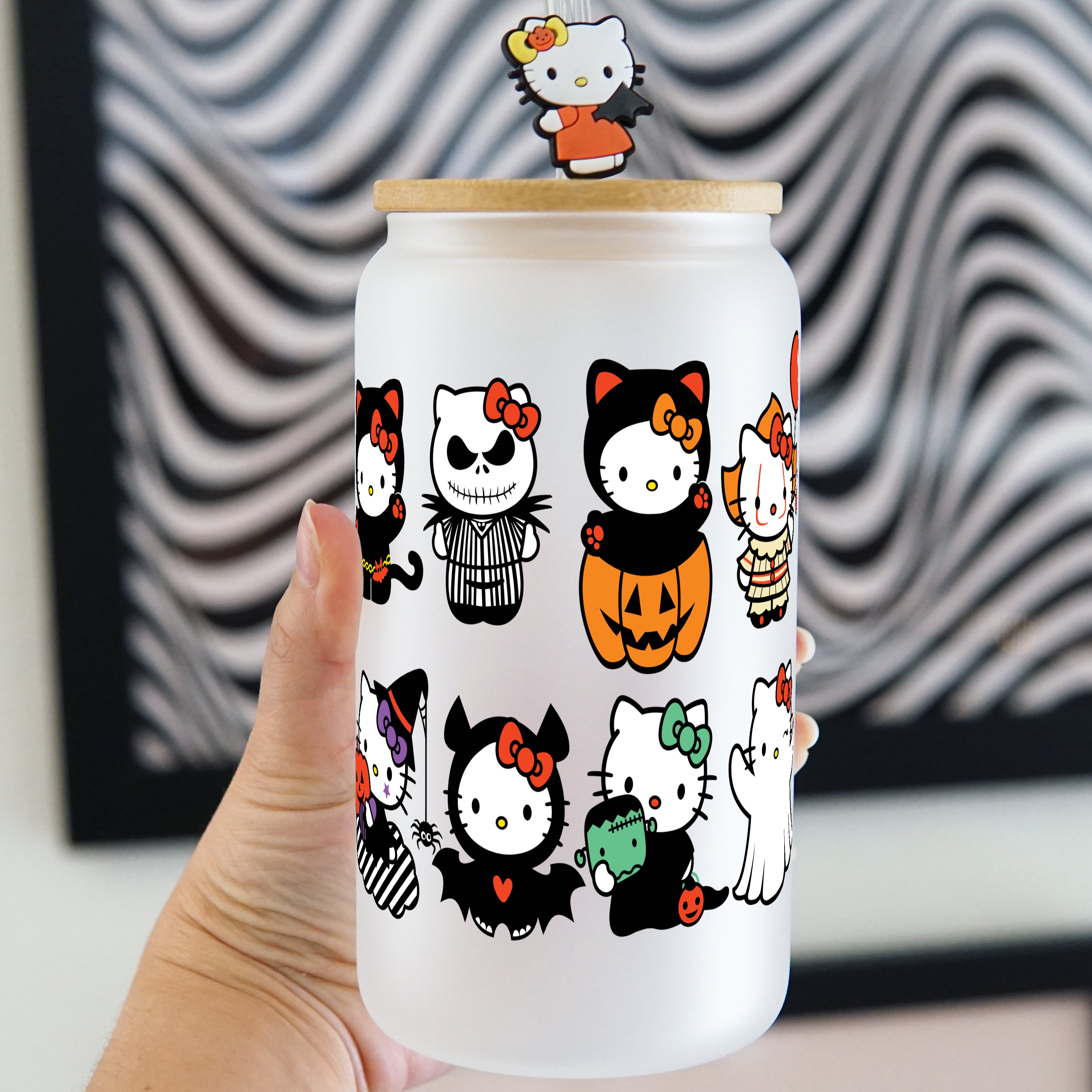 Spooky Halloween Kitty Glass Can Cup With Lid and Straw