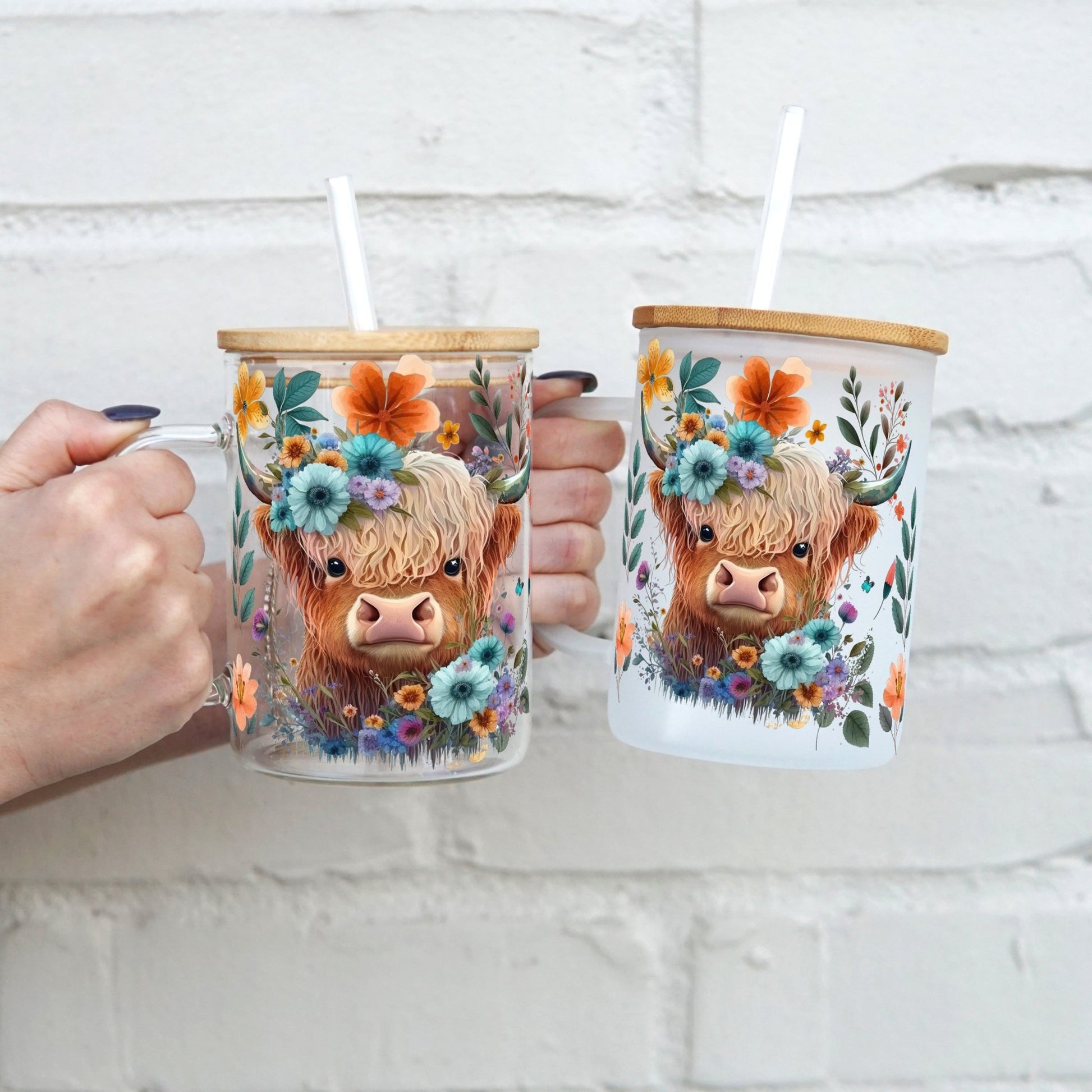 Highland Cow 17oz Glass Coffee Mug with Lid and Straw - Sip Sip Hooray