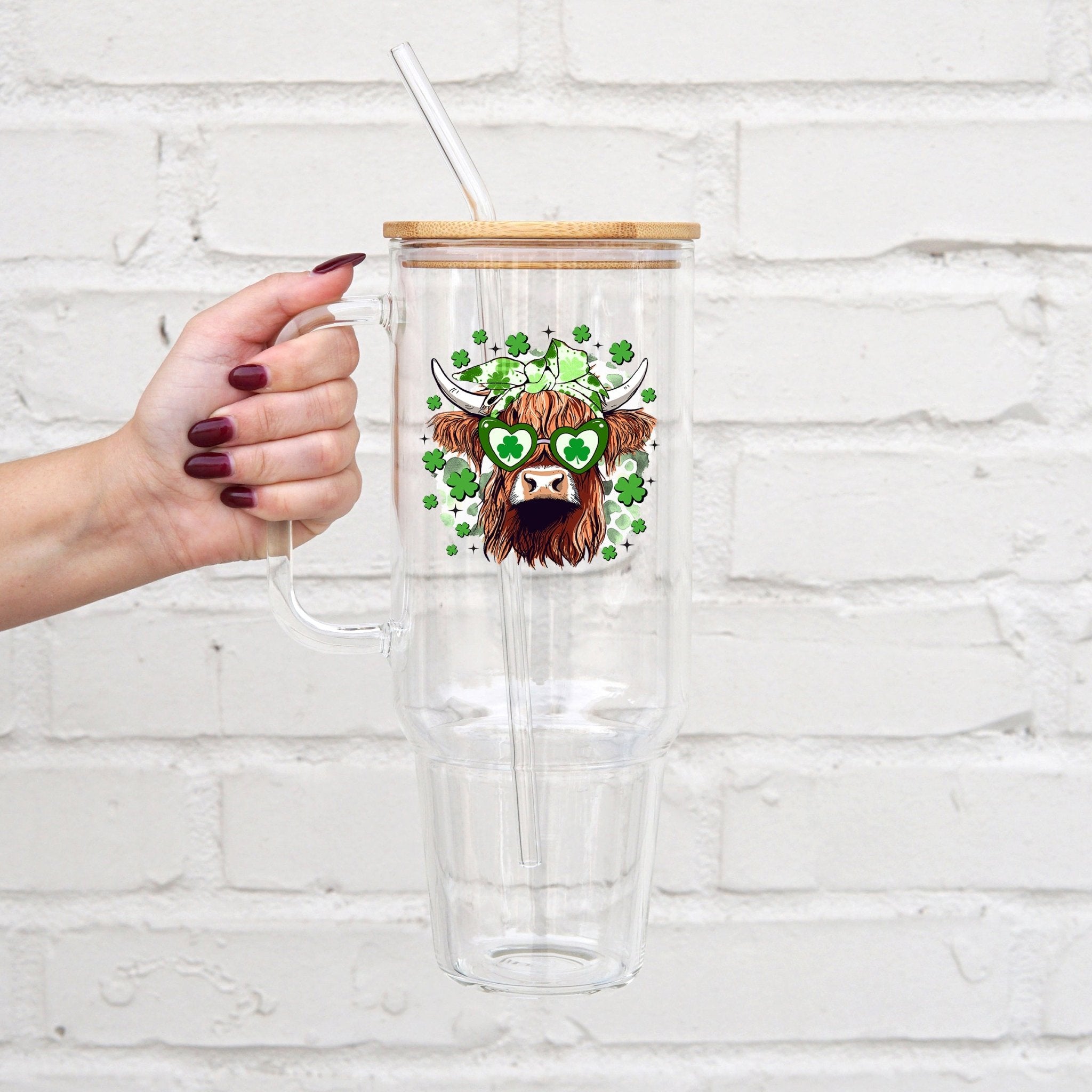 Highland Shamrock St Patrick's Day Cow 40oz Glass Tumbler With Lid and Straw - Sip Sip Hooray