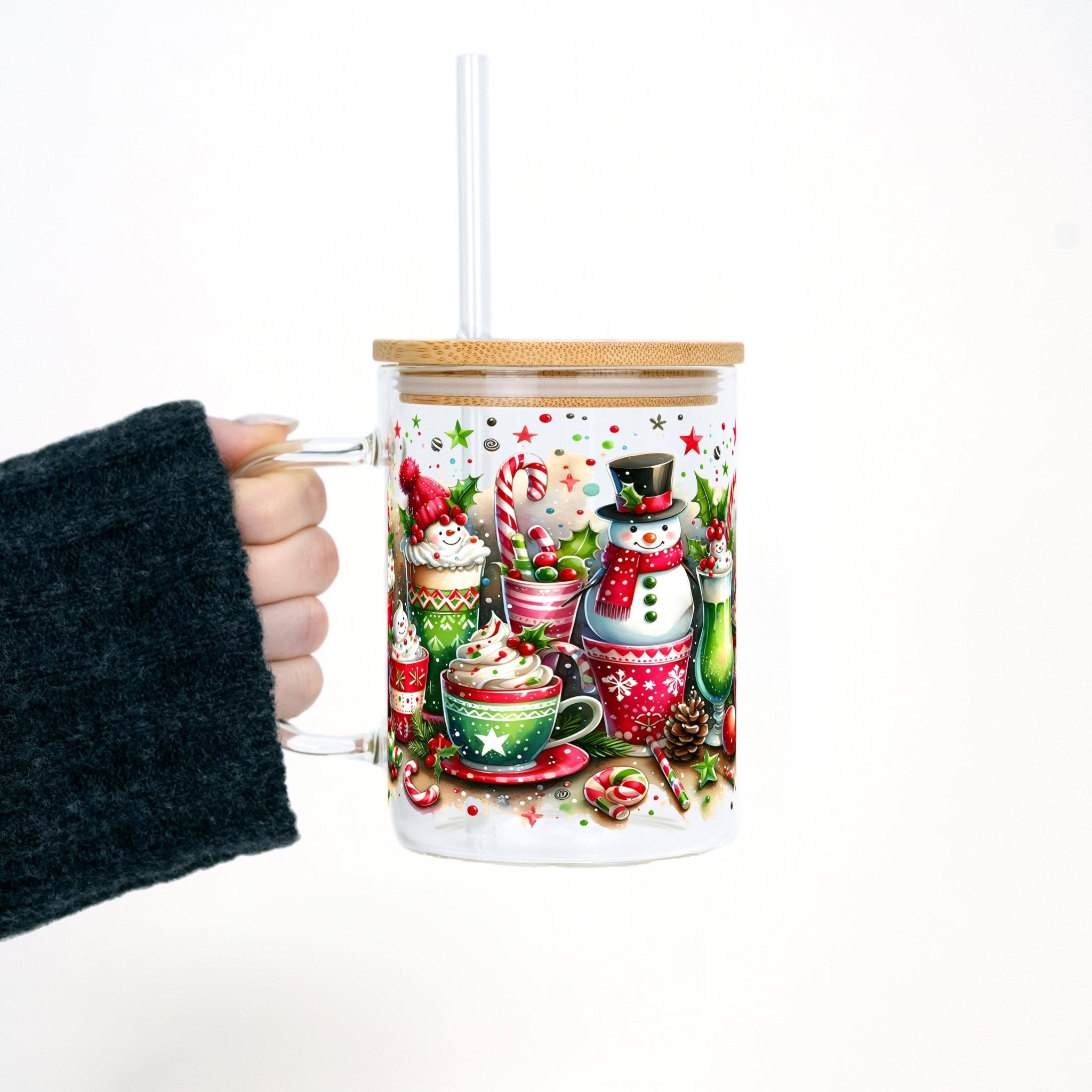 Holiday Snowman 17oz Glass Mug With Lid and Straw - Sip Sip Hooray