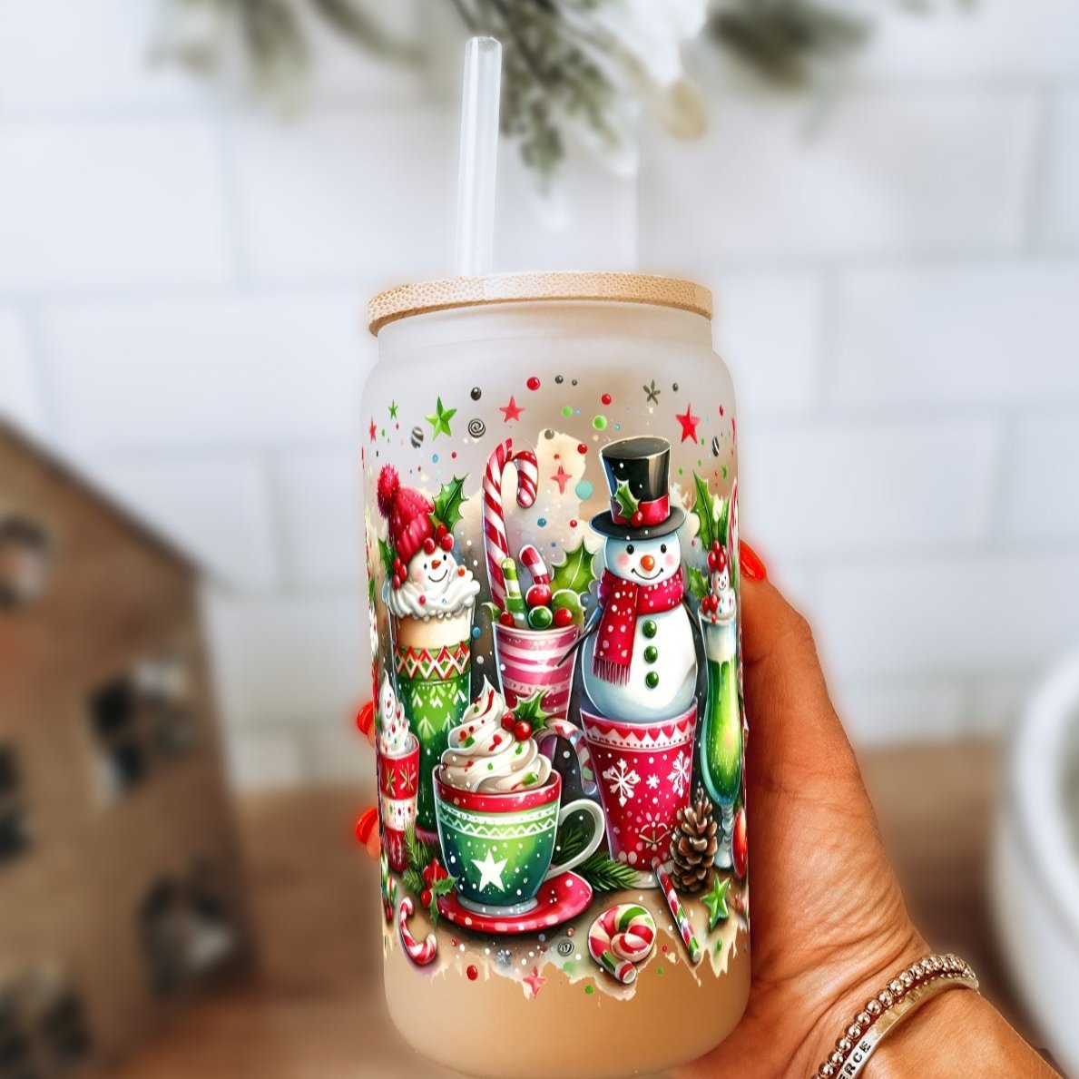 Holiday Snowman Can Cup With Lid and Straw - Sip Sip Hooray