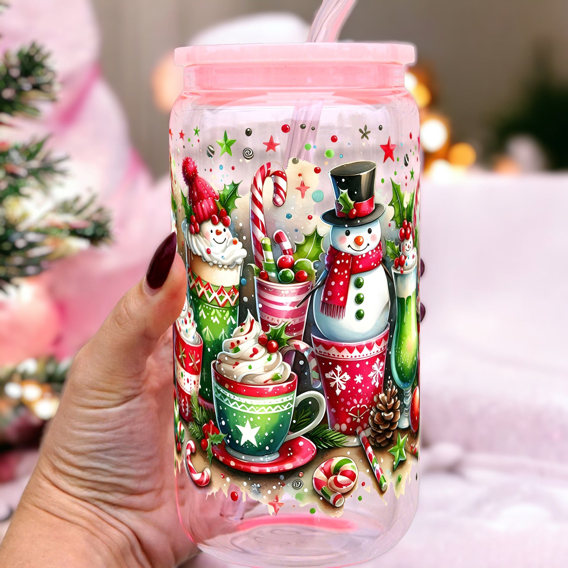 Holiday Snowman Can Cup With Lid and Straw - Sip Sip Hooray