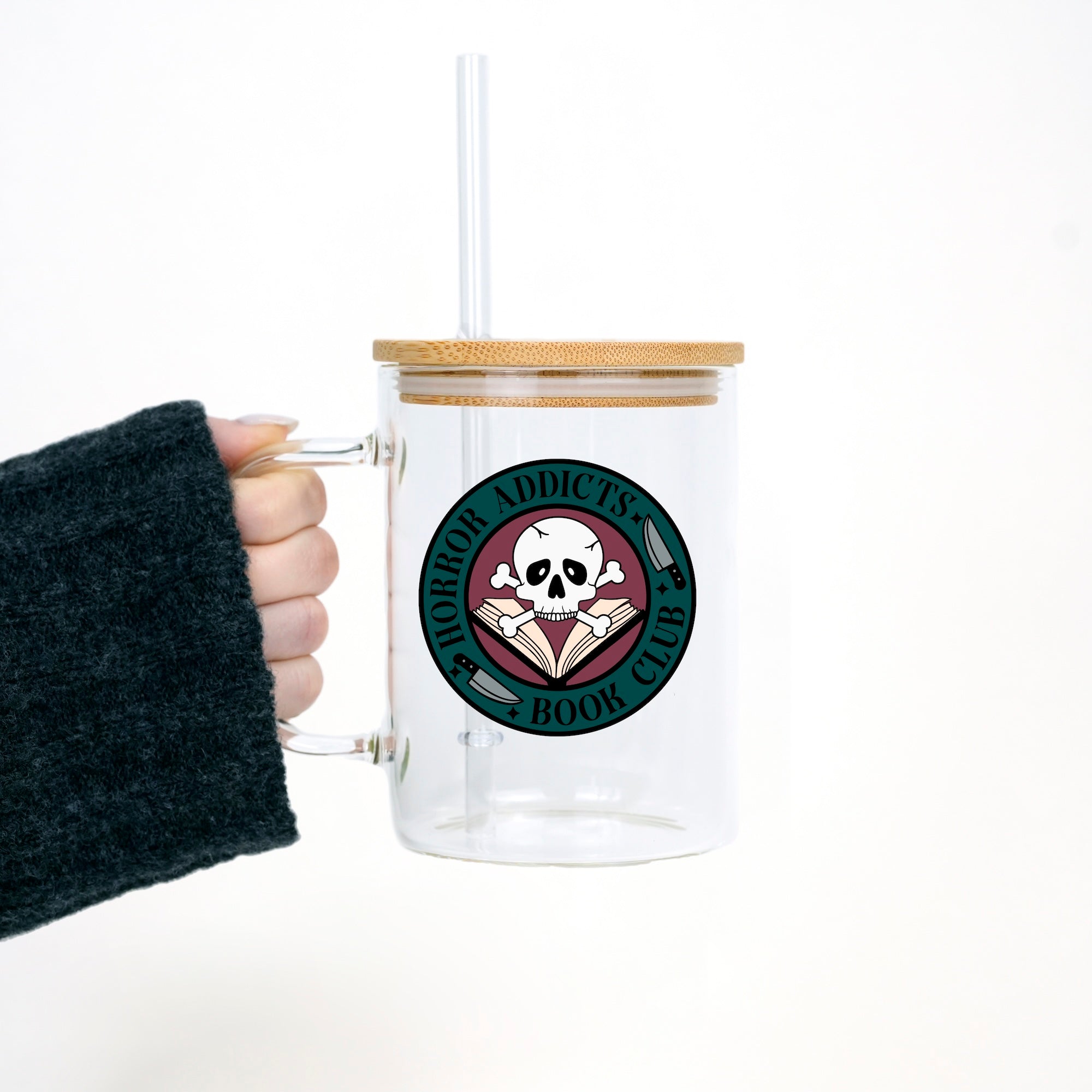 Horror Addicts Book Club 17oz Glass Mug With Lid and Straw - Sip Sip Hooray