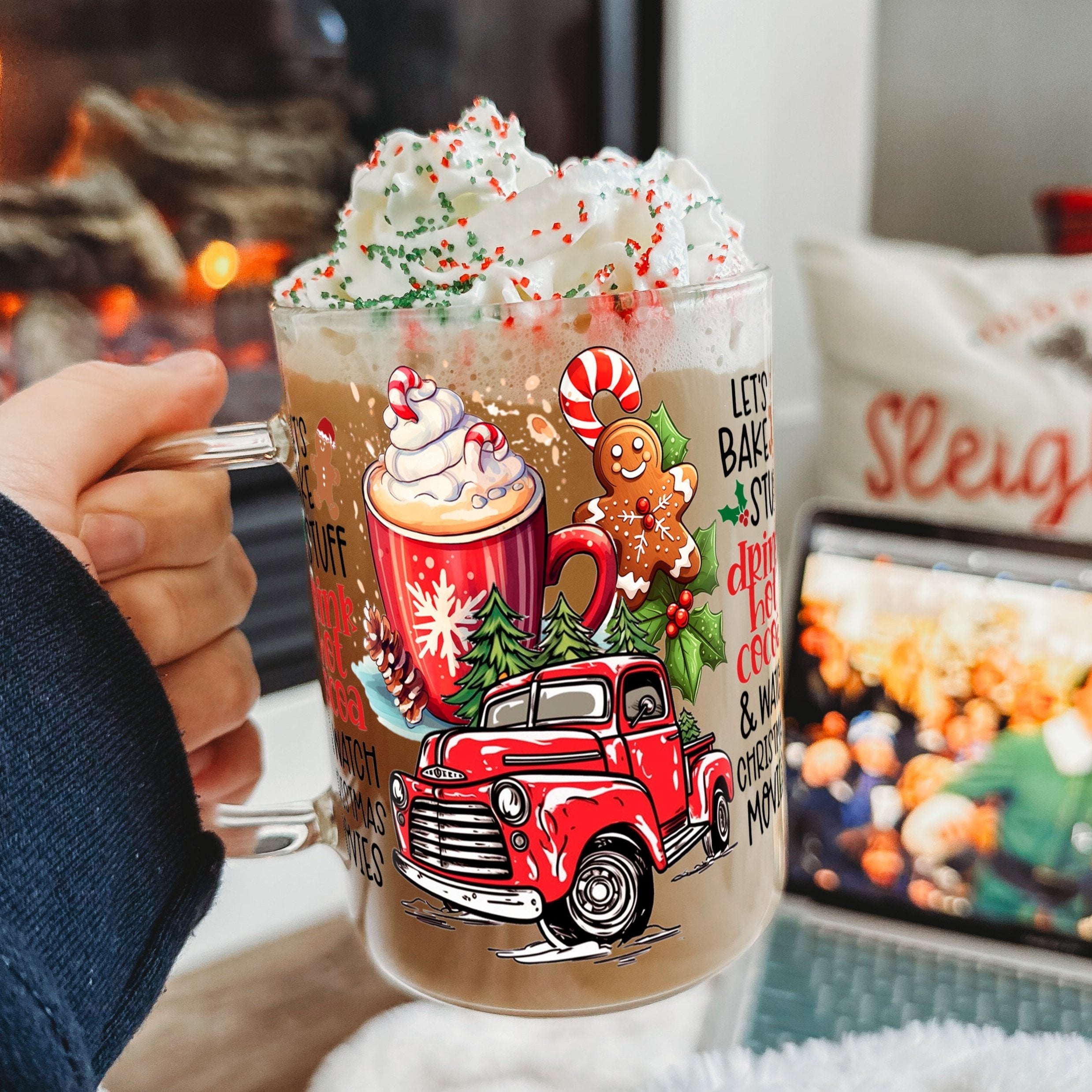 Hot Cocoa Christmas 17oz Glass Mug With Lid and Straw - Sip Sip Hooray
