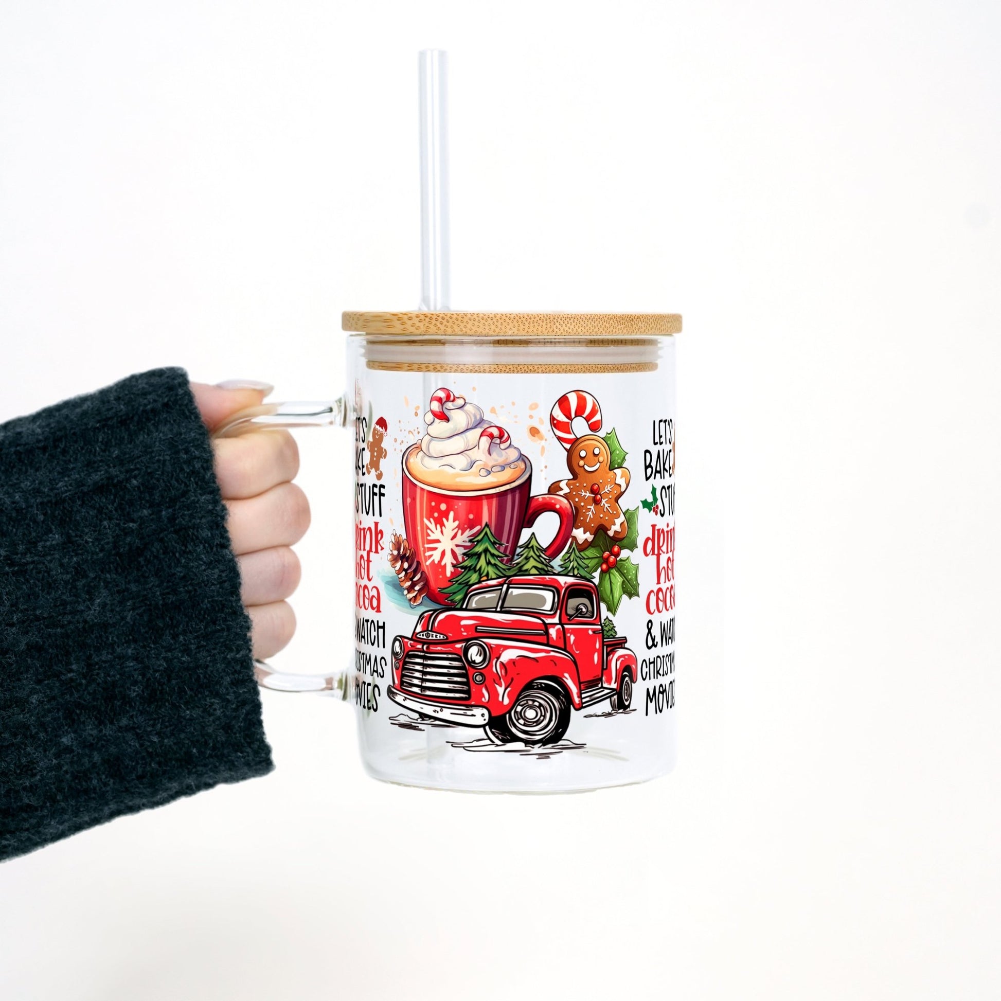 Hot Cocoa Christmas 17oz Glass Mug With Lid and Straw - Sip Sip Hooray