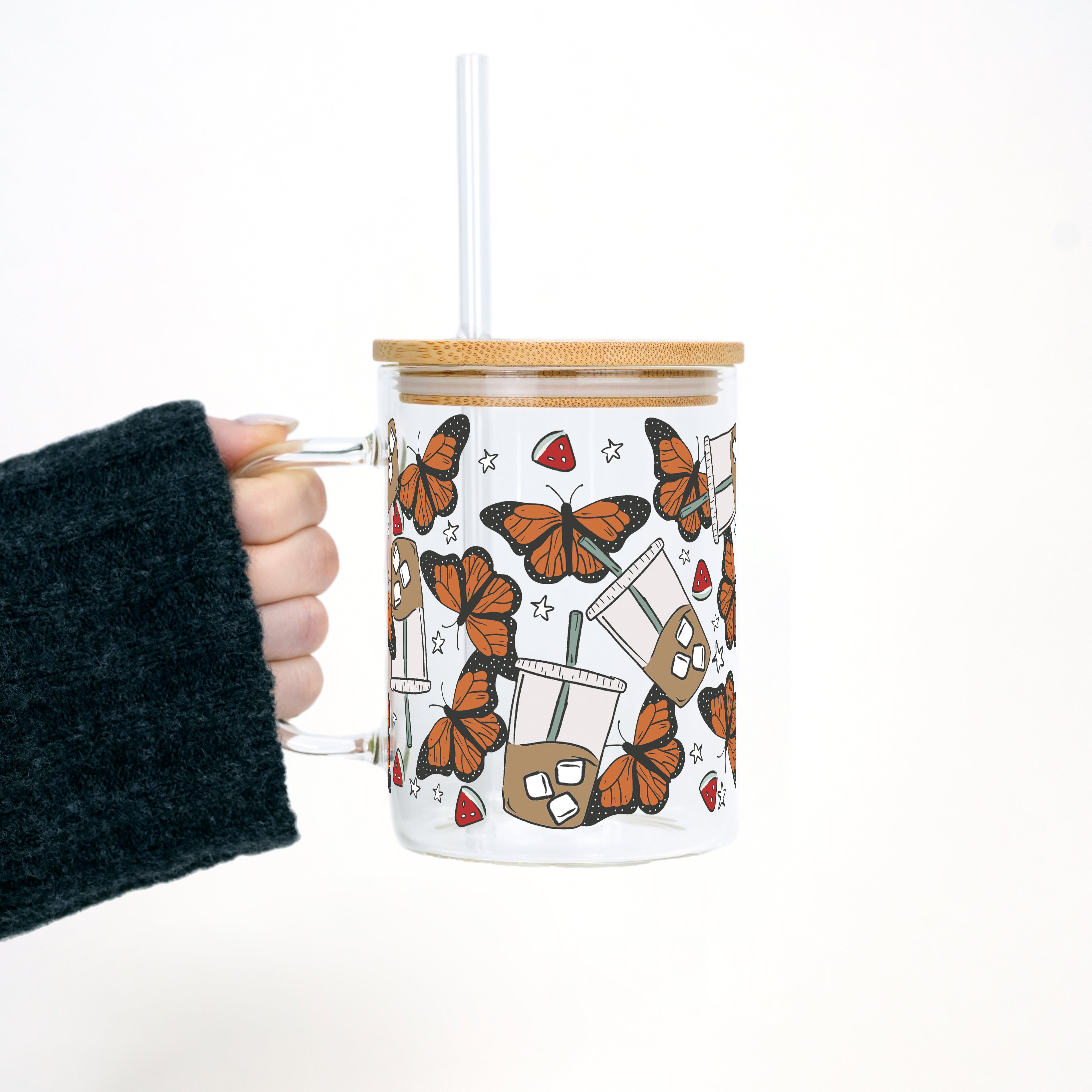 Iced Coffee & Butterflies 17oz Glass Mug With Lid and Straw - Sip Sip Hooray