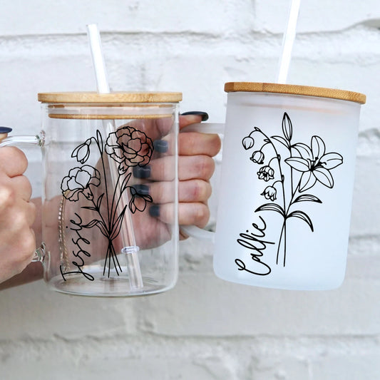 Personalized Birth Flower 17oz Glass Mug With Lid and Straw