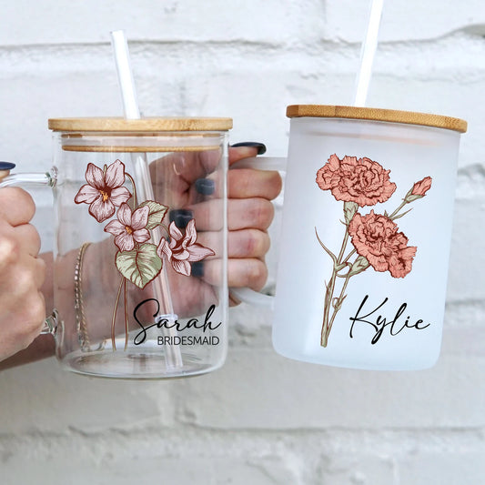 Personalized Color Birth Flower 17oz Glass Mug With Lid and Straw