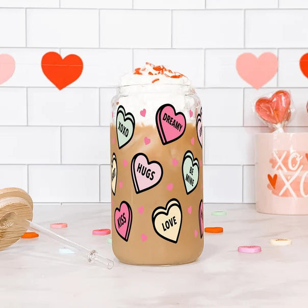 Valentines Day Candy Hearts Glass Can Cup With Lid and Straw