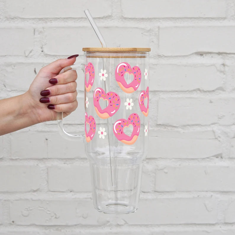 Valentines Day Donut Heart 40oz Glass or Plastic Tumbler With Lid And Straw