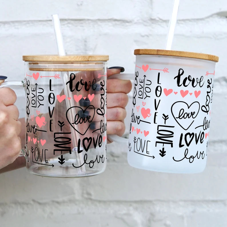 Love Script 17oz Glass Mug With Lid and Straw