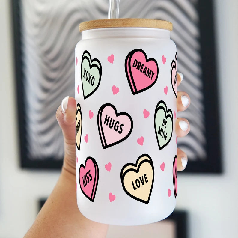 Valentines Day Candy Hearts Glass Can Cup With Lid and Straw