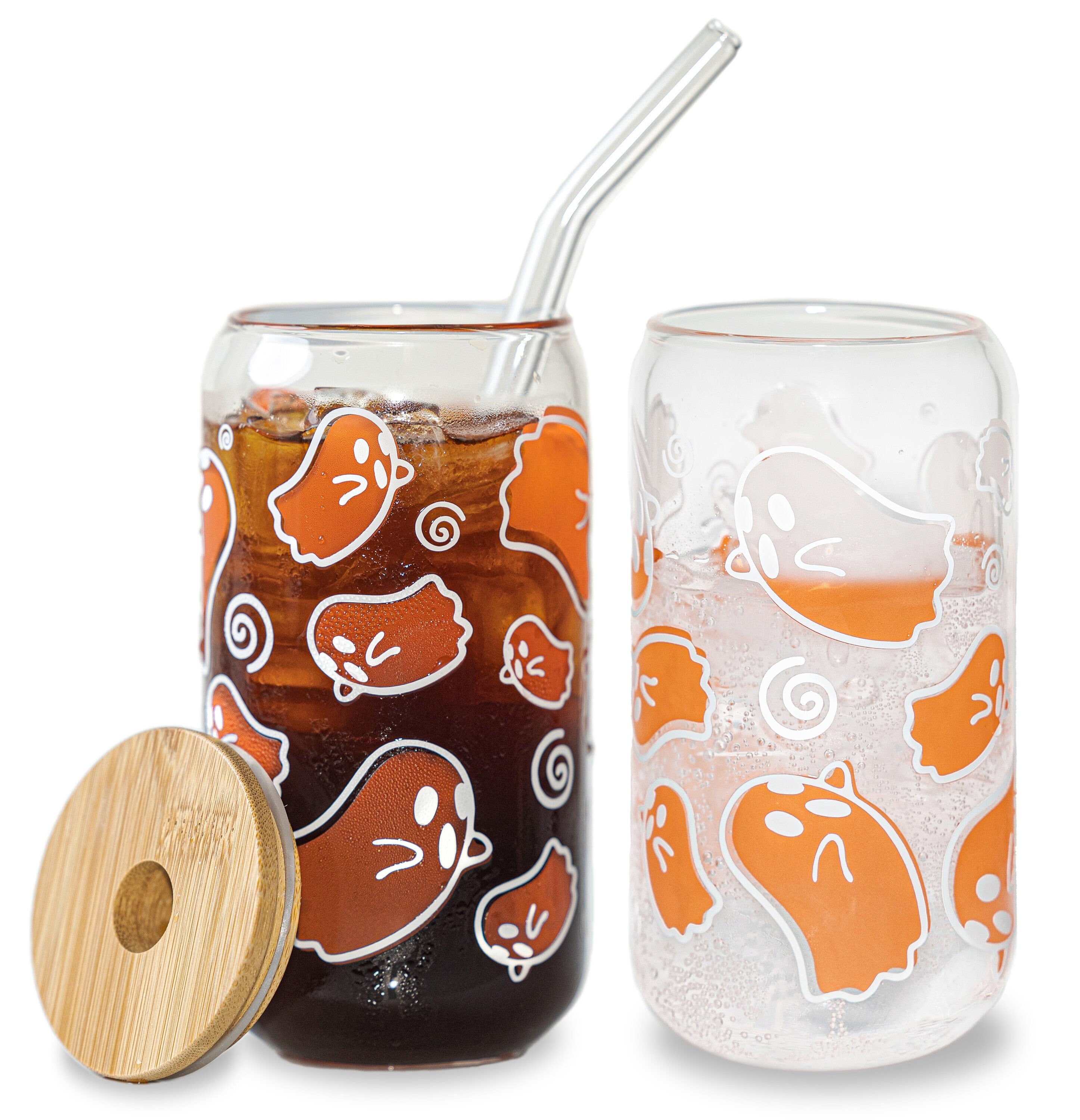 Halloween ghost color changing glass cup with bamboo lid and straw