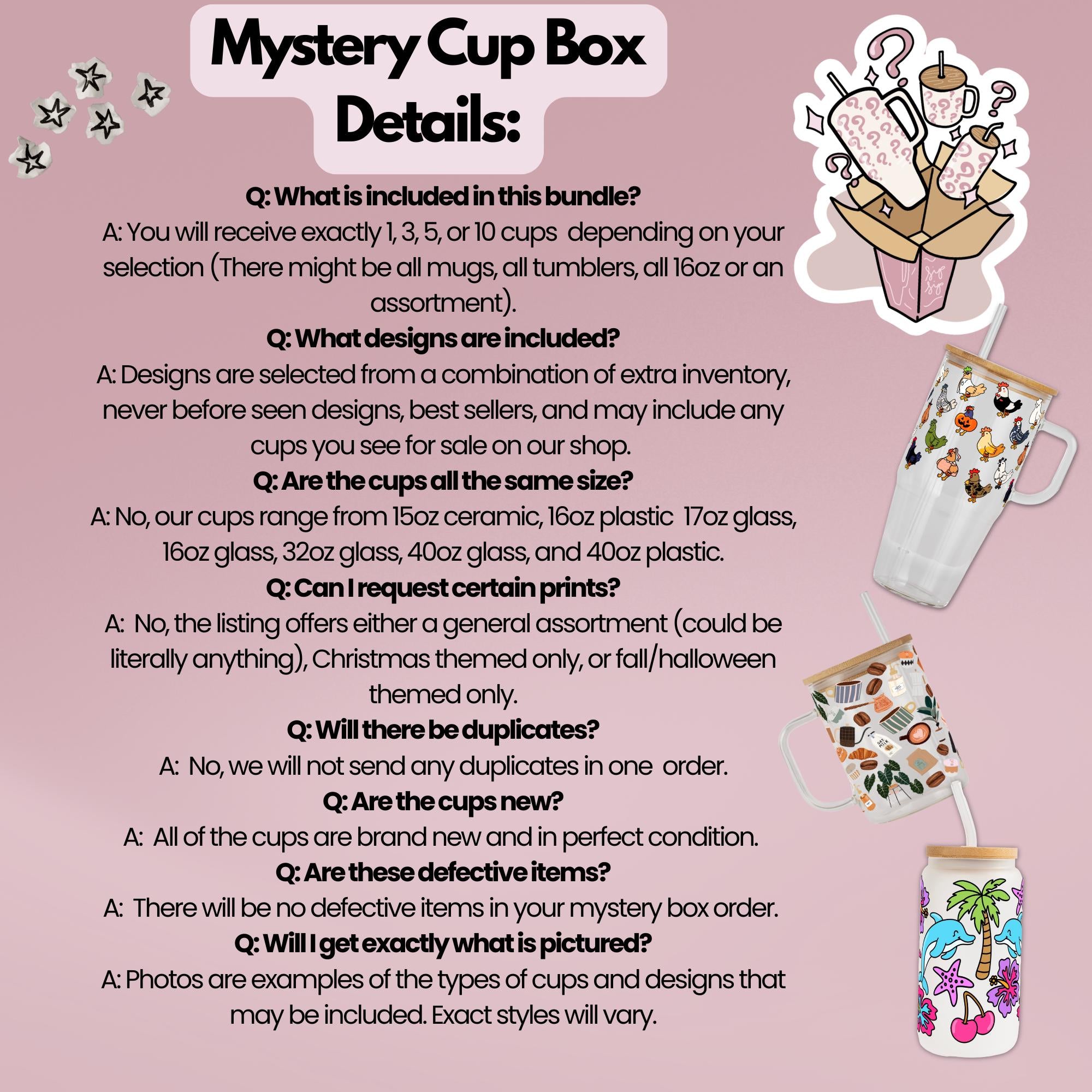 Mystery Box of Assorted Cups and Tumblers with Lids and Straws, Intuitive Scoops, 16oz, 17oz, and 40oz