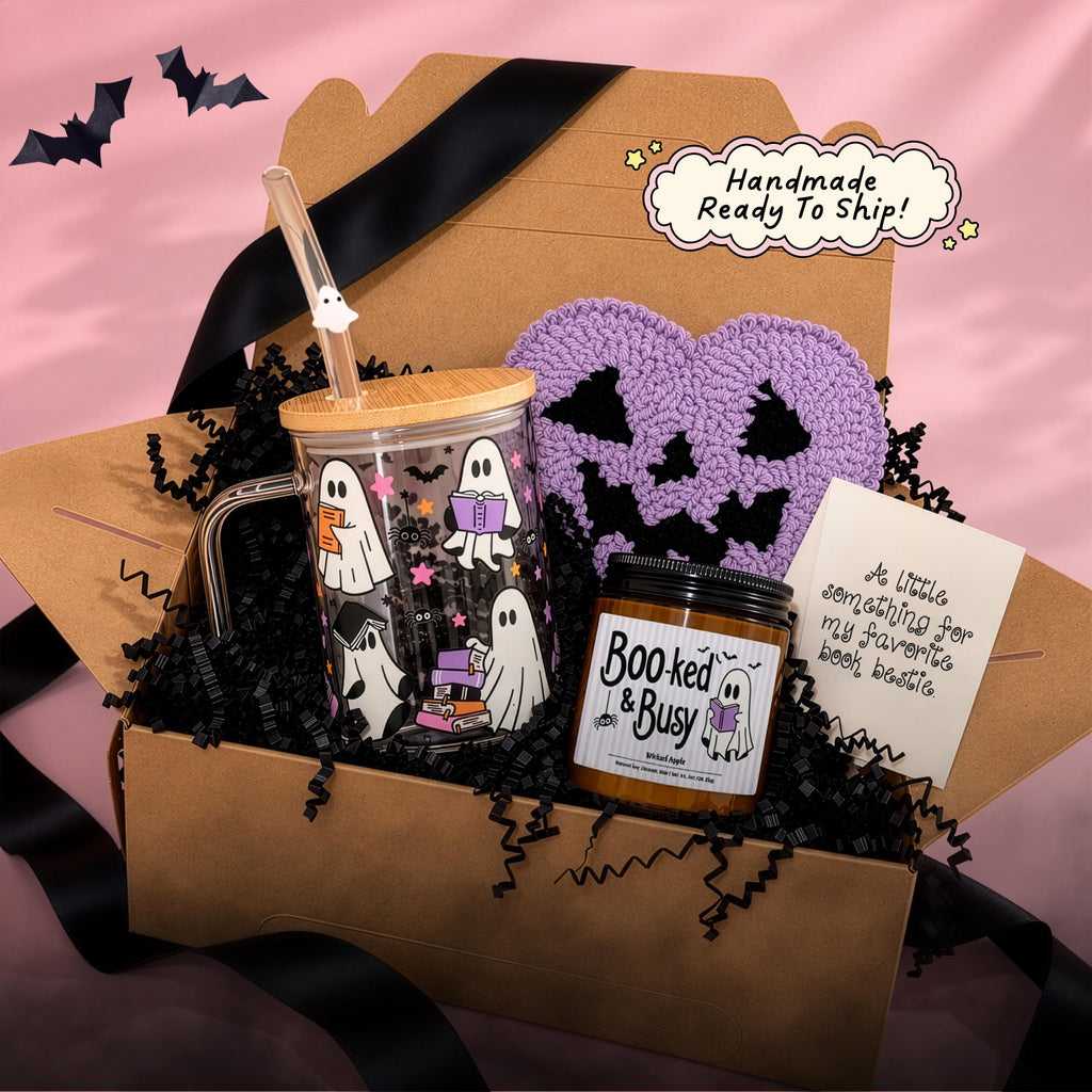 Bookish Boo Basket Halloween gift box with a ghost glass mug, Wicked Apple candle, mug rug and straw by Sip-Sip Hooray!