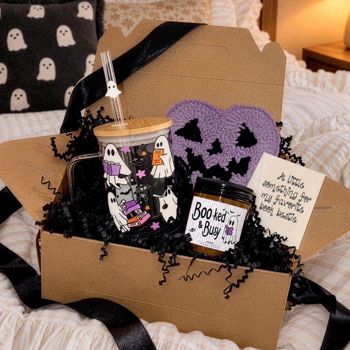 Bookish Boo Basket Halloween gift box with a ghost glass mug, Wicked Apple candle, mug rug and straw by Sip-Sip Hooray!