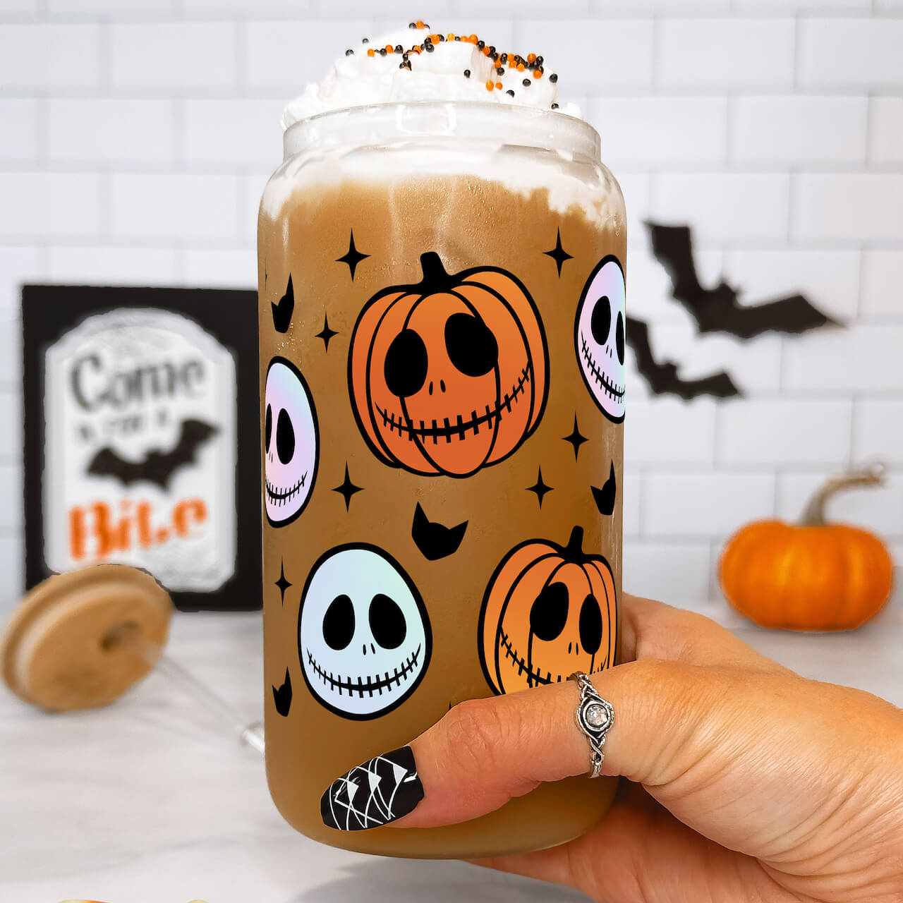 Jack Skellington Inspired Glass Can with Lid and Straw - Sip Sip Hooray