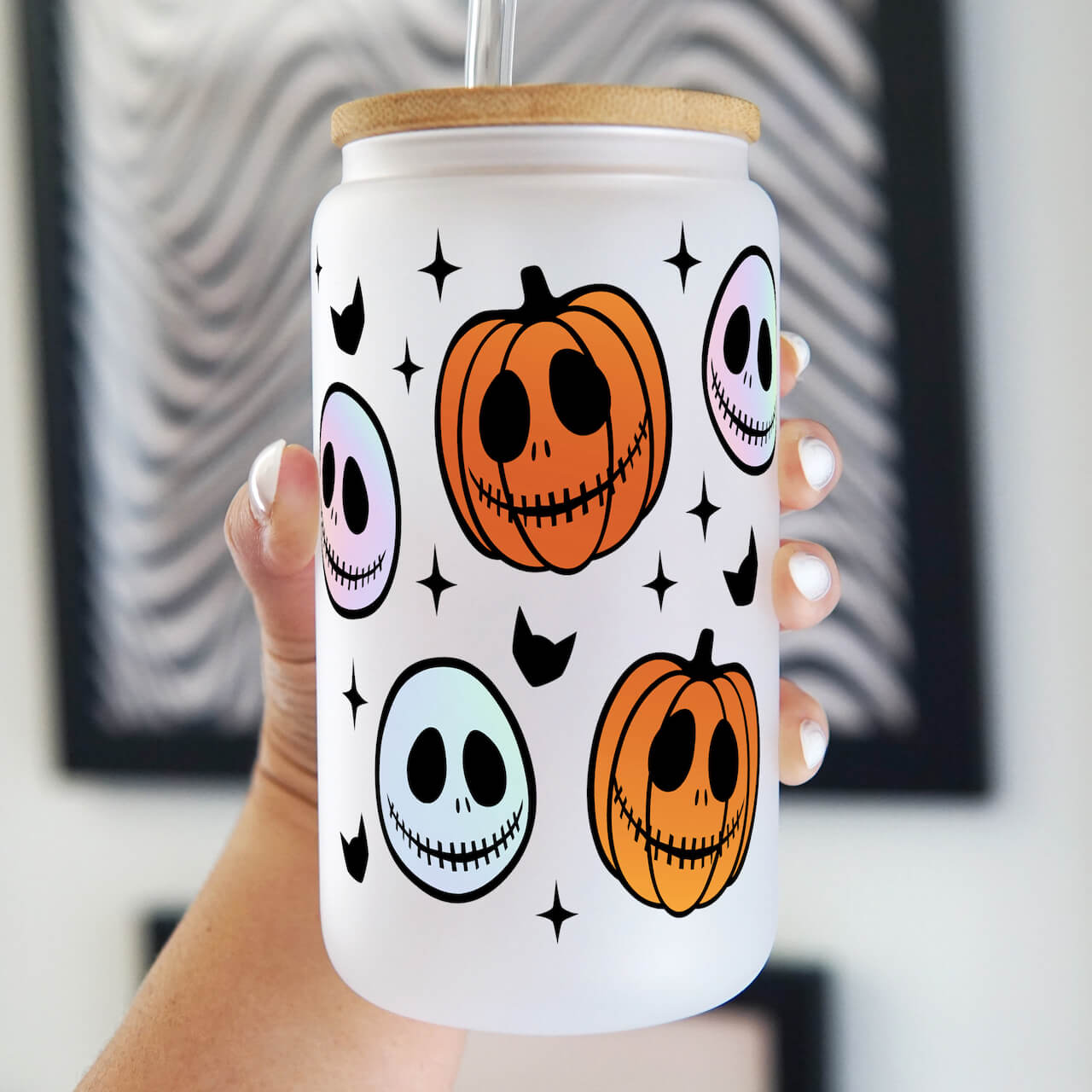 Jack Skellington Inspired Glass Can with Lid and Straw - Sip Sip Hooray