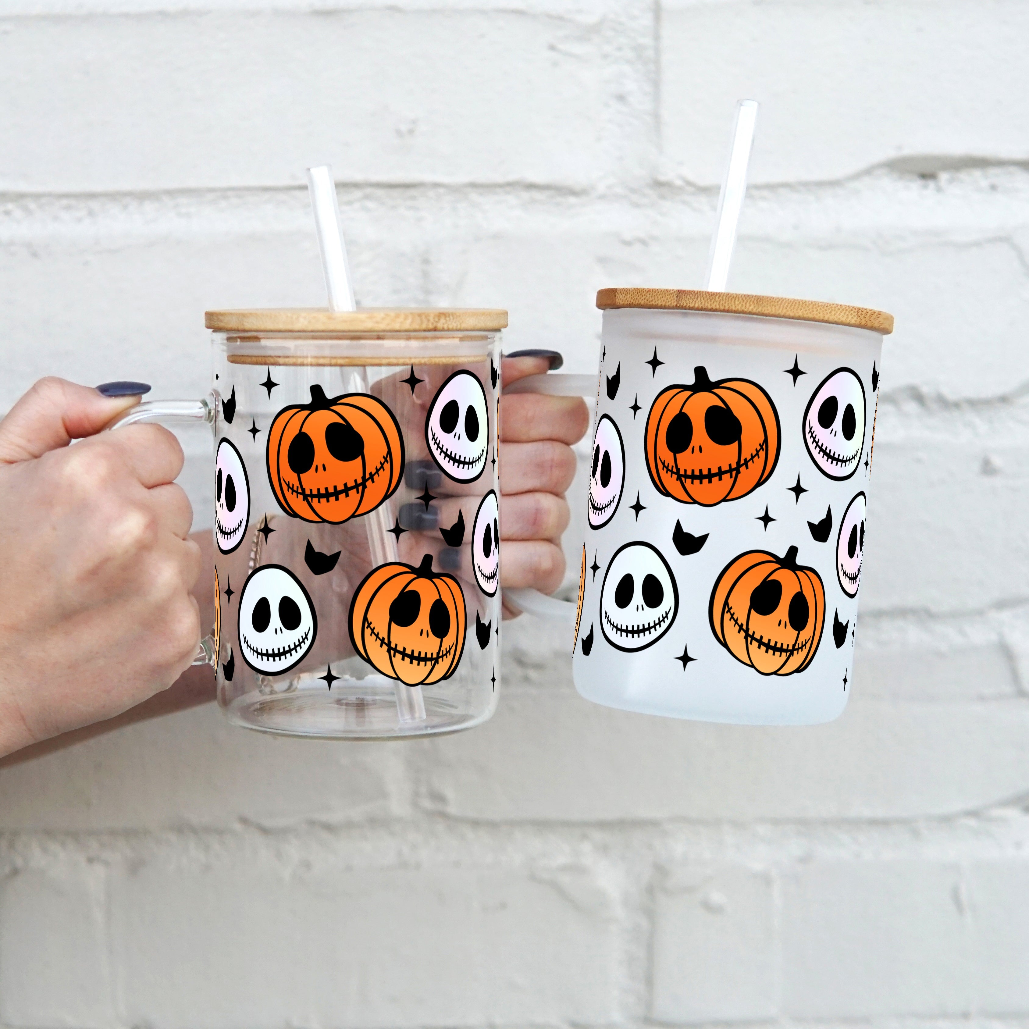 Jack Skellington Pumpkins 17oz Glass Tumbler With Lid and Straw - Sip Sip Hooray