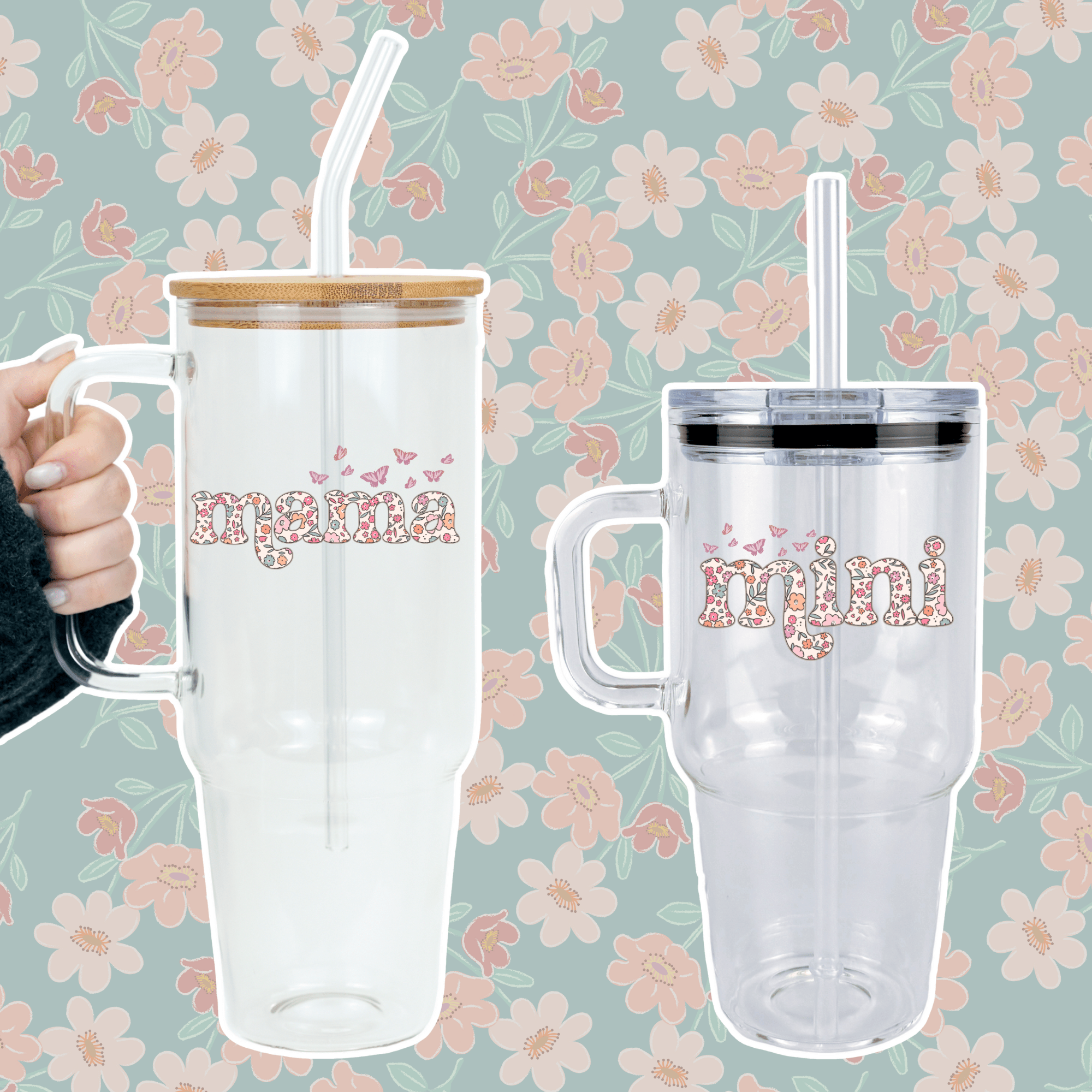 Mama + Mini Floral Butterfly Matching Tumblers - Sip Sip Hooray