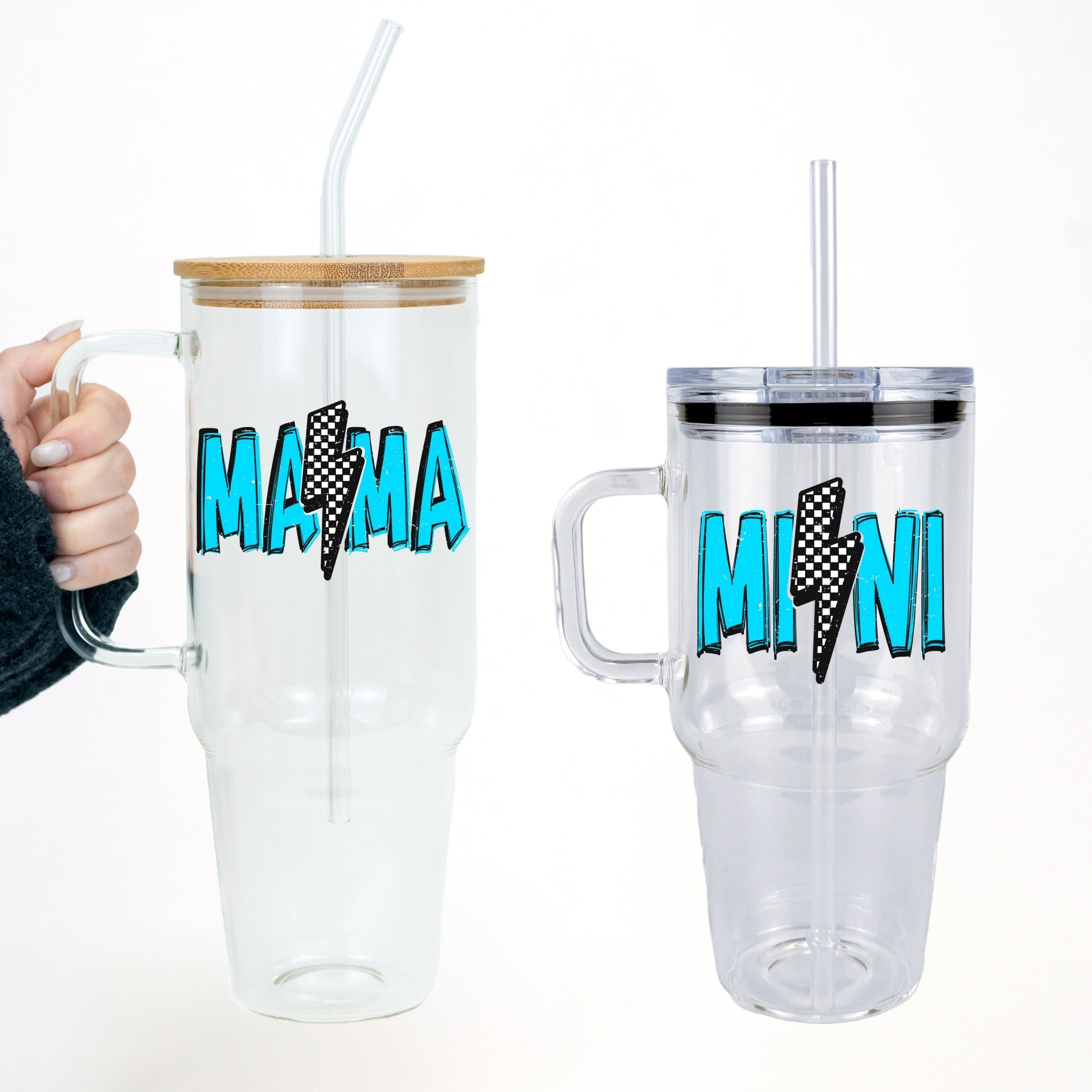 Mama + Mini Retro Checkered Lightning Bolt Matching Tumblers - Sip Sip Hooray