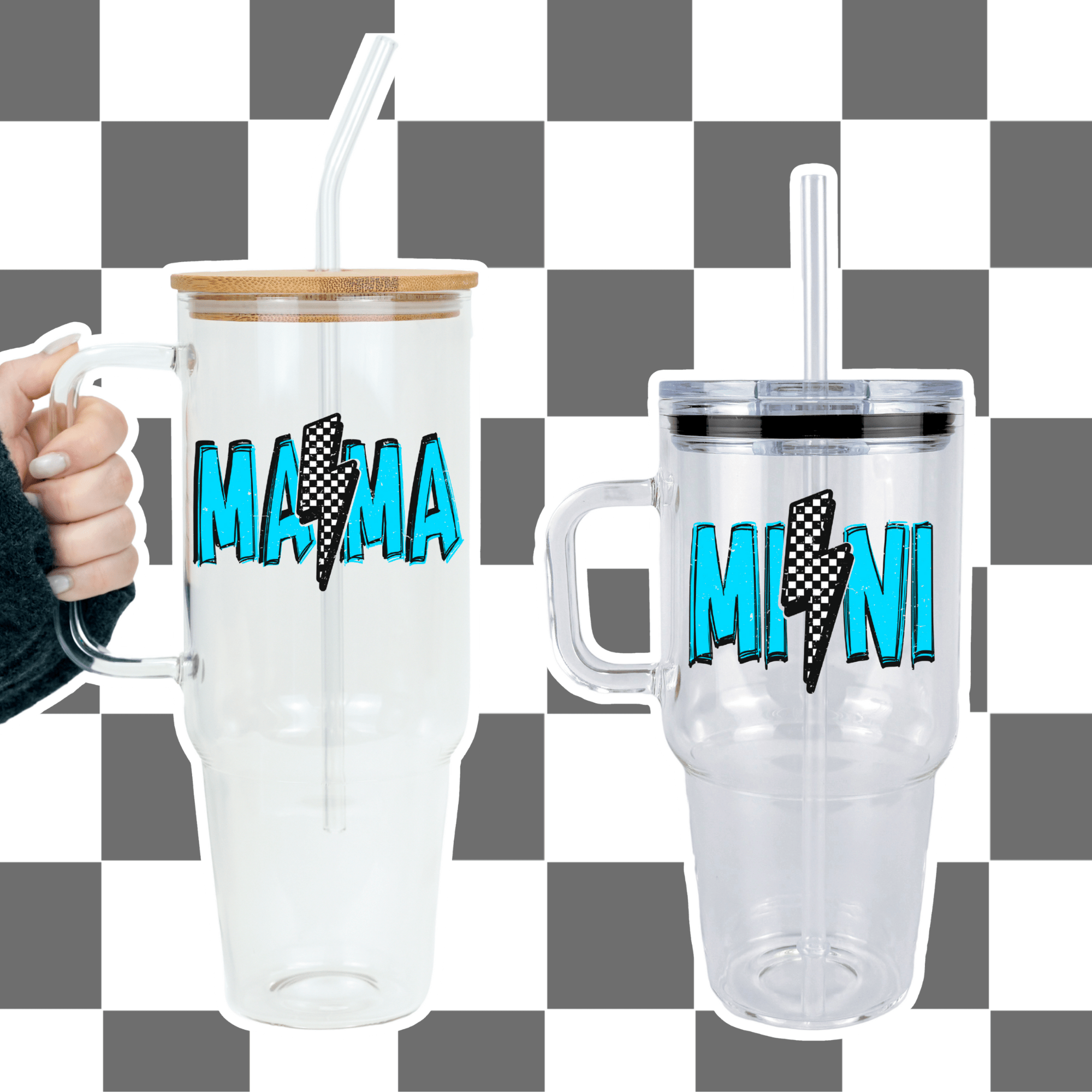 Mama + Mini Retro Checkered Lightning Bolt Matching Tumblers - Sip Sip Hooray