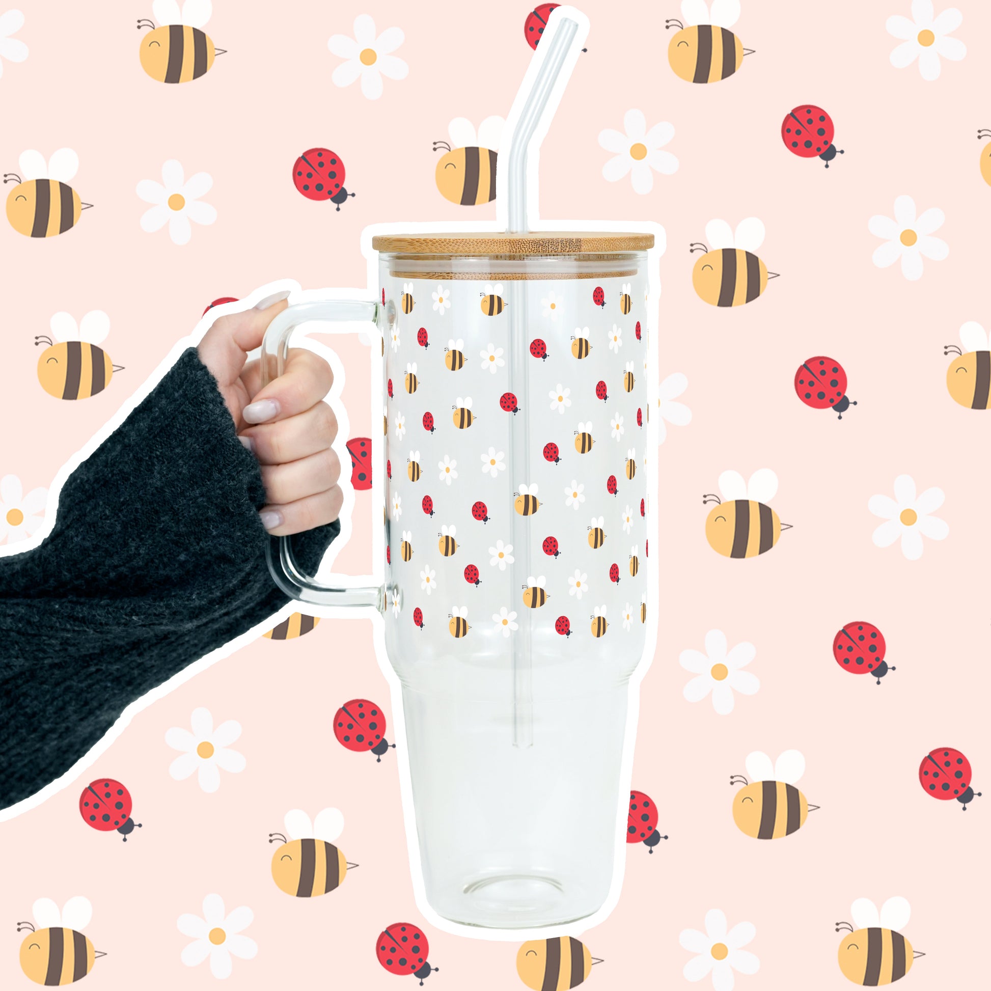 Mini Bee & Ladybug 40oz Glass or Plastic Tumbler With Lid and Straw - Sip Sip Hooray