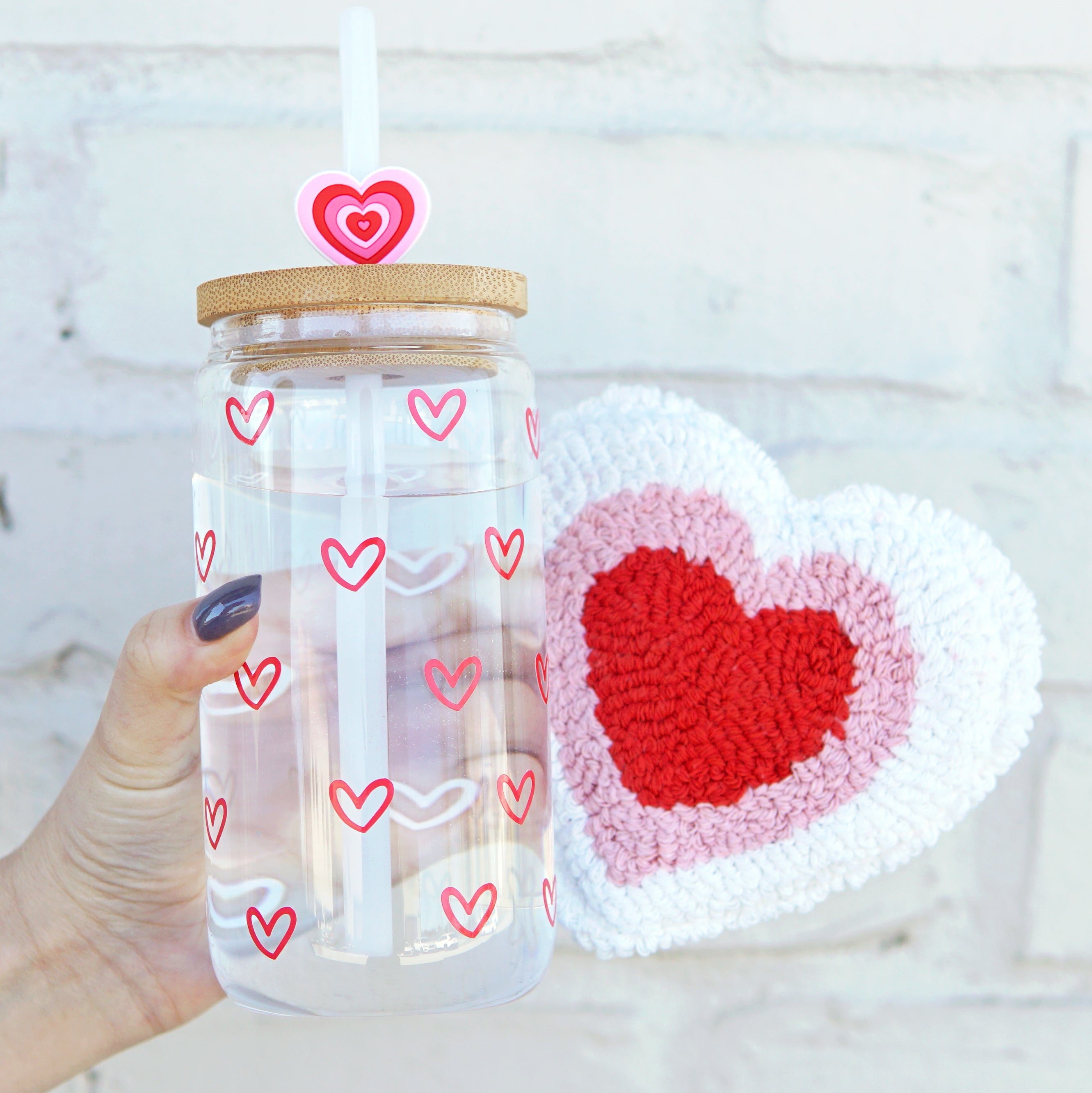 Color Changing Mini Hearts Glass Can Cup With Lid and Straw