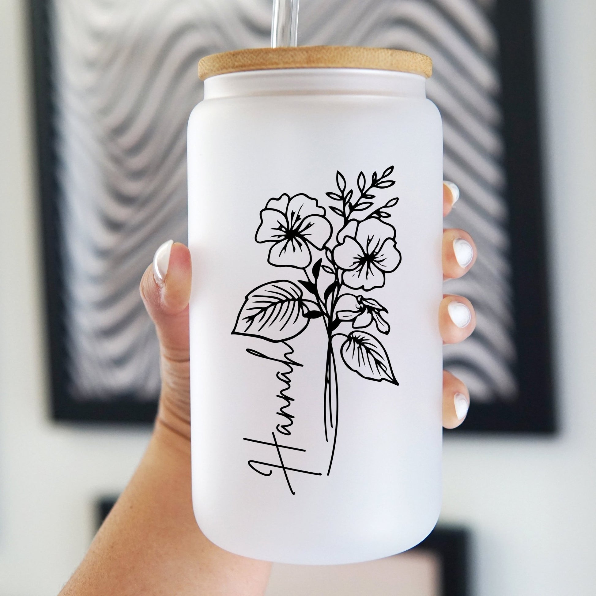 Modern Birth Flower Can Cup with Lid and Straw - Sip Sip Hooray