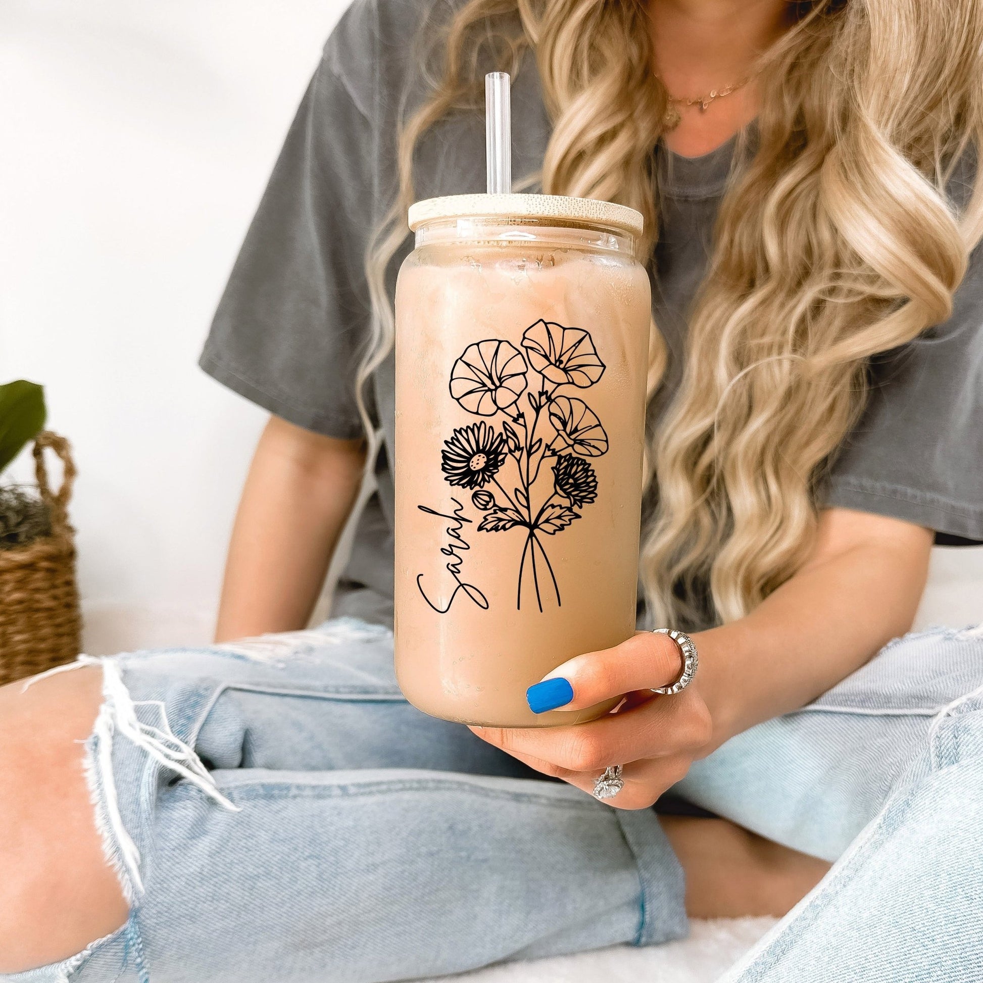 Modern Birth Flower Can Cup with Lid and Straw - Sip Sip Hooray