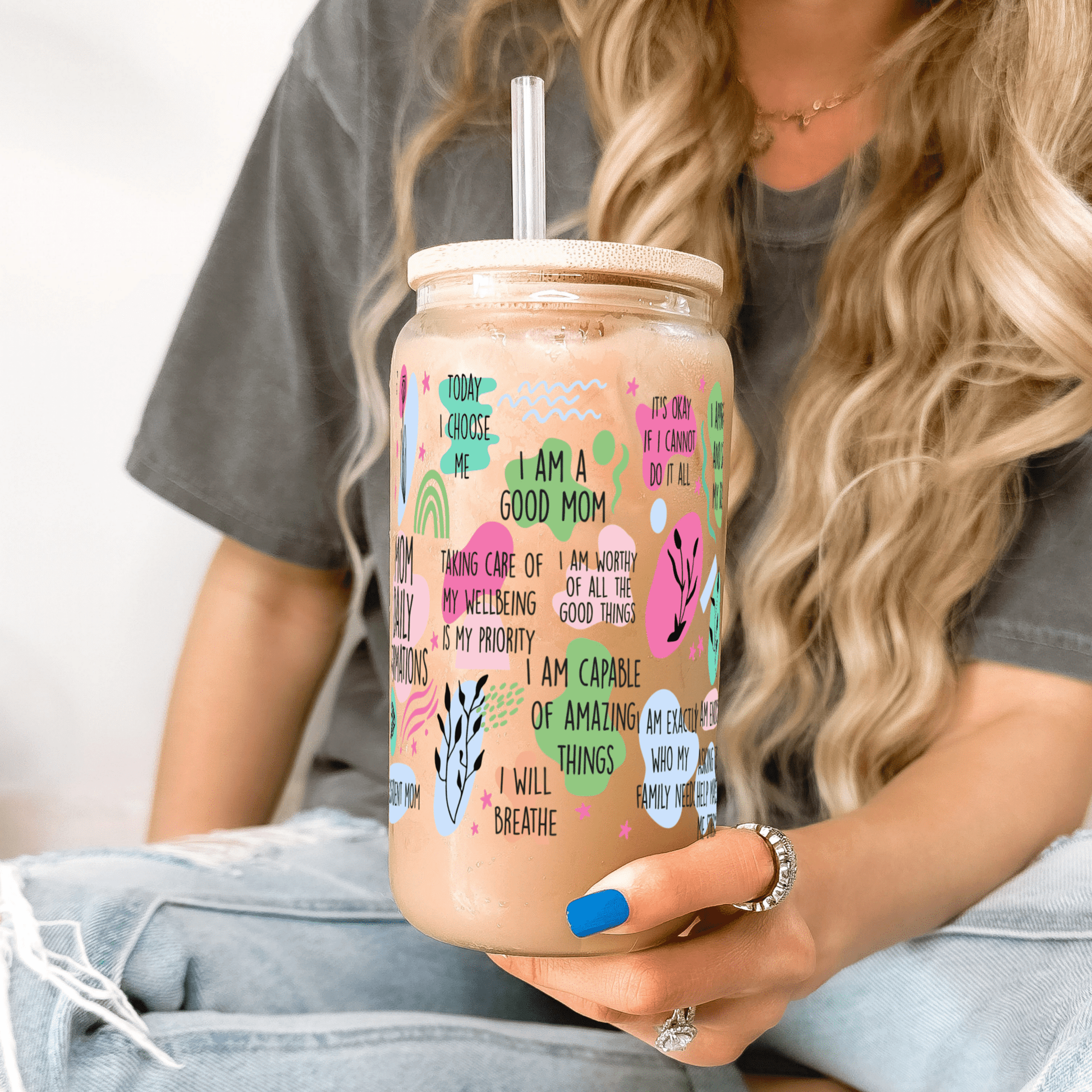 Mom Daily Affirmations Cup with Lid and Straw - Sip Sip Hooray