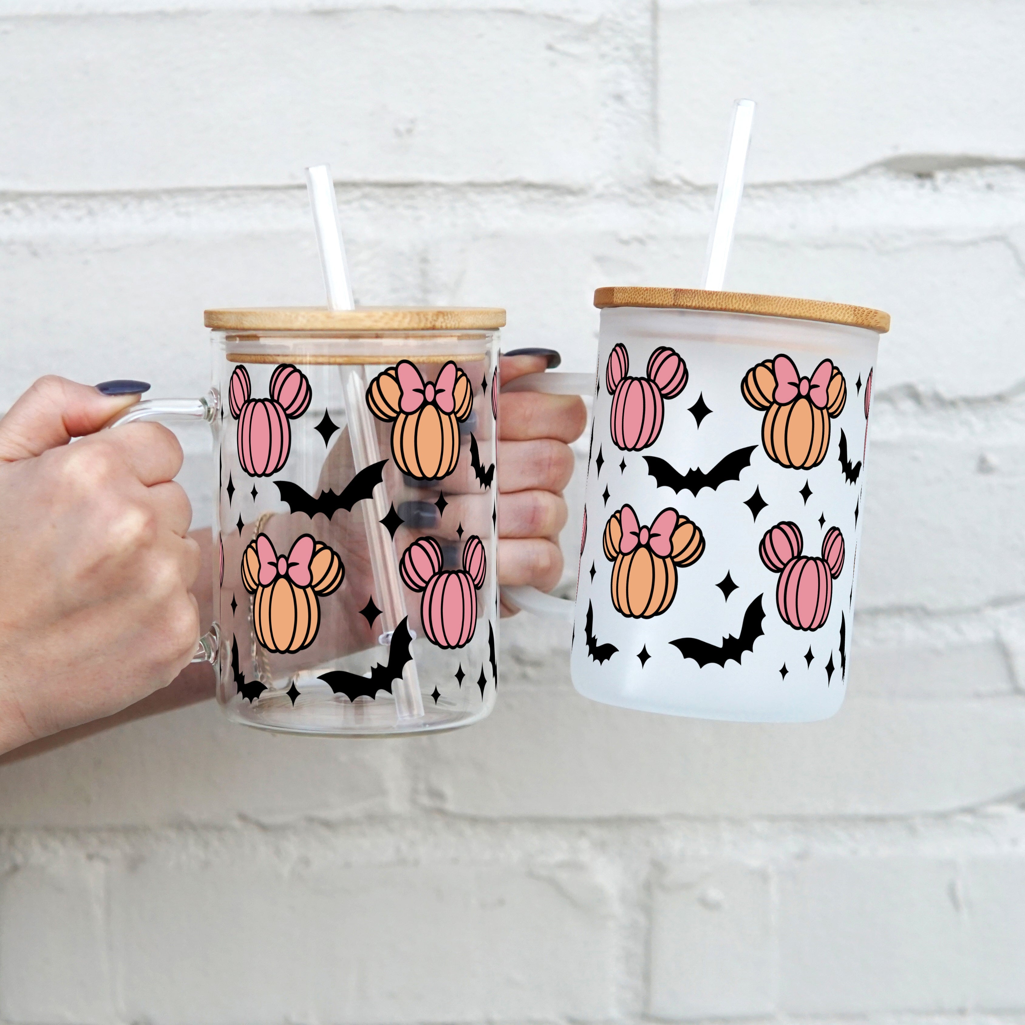Mouse Halloween Pumpkins 17oz Glass Mug With Lid and Straw - Sip Sip Hooray