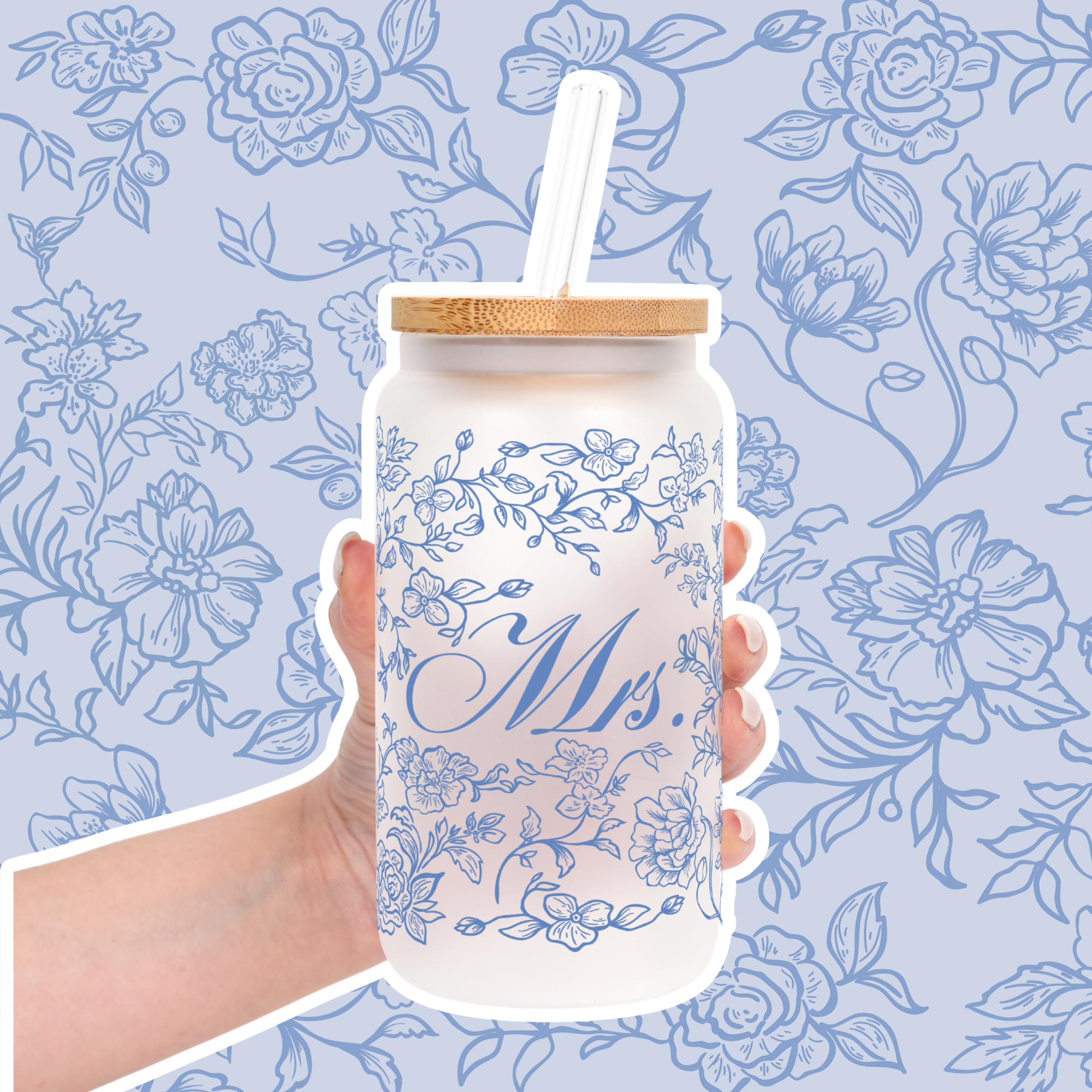 Mrs Chinoiserie Bridal Cup With Lid & Straw Non Personalized or Personalized