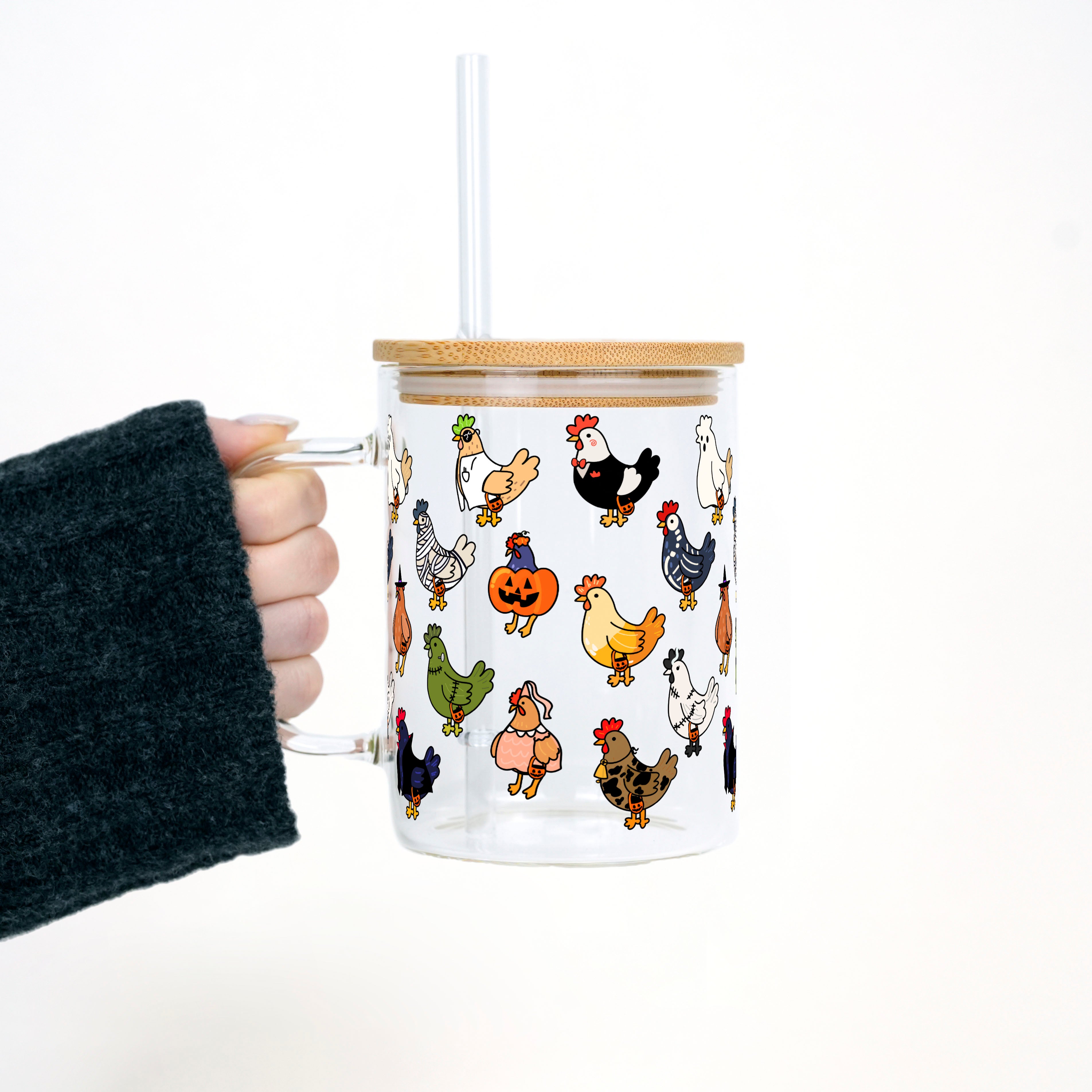 Spooky Chickens Clear Glass Mug With Lid and Straw