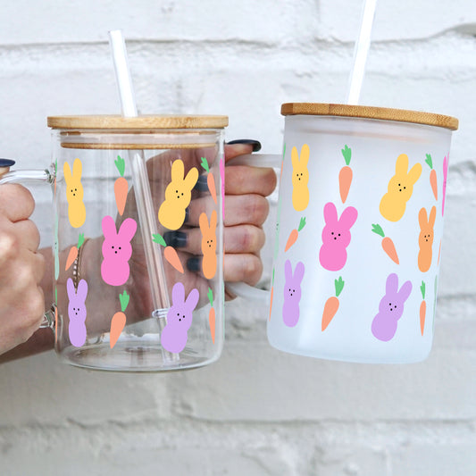 Bunnies and Carrots 17oz Glass Mug With Lid and Straw