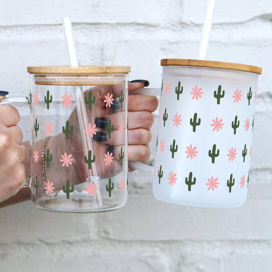 Western Mini Cacti 17oz Glass Mug With Lid And Straw