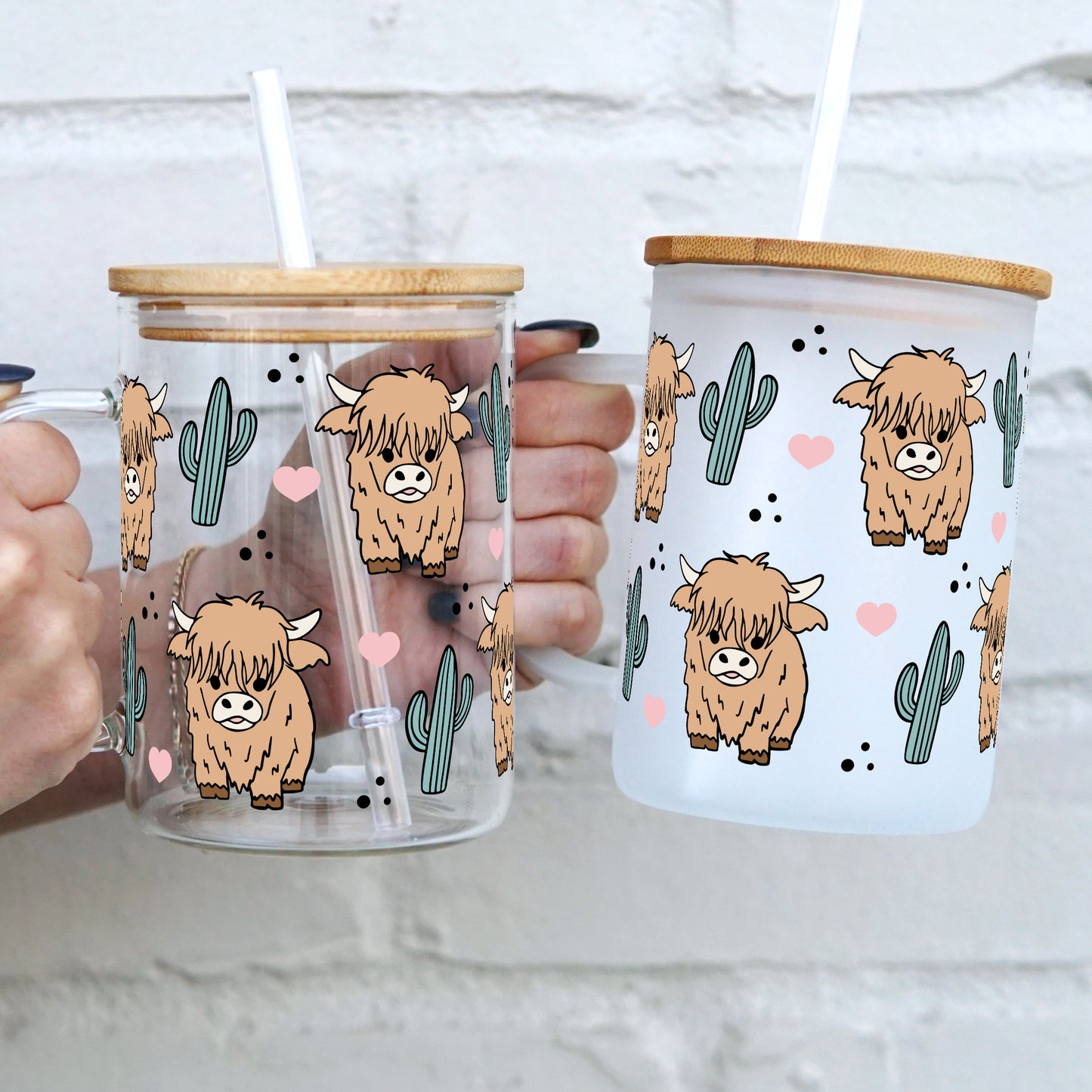 Mini Highland Cows With Cacti 17oz Glass Mug With Lid and Straw