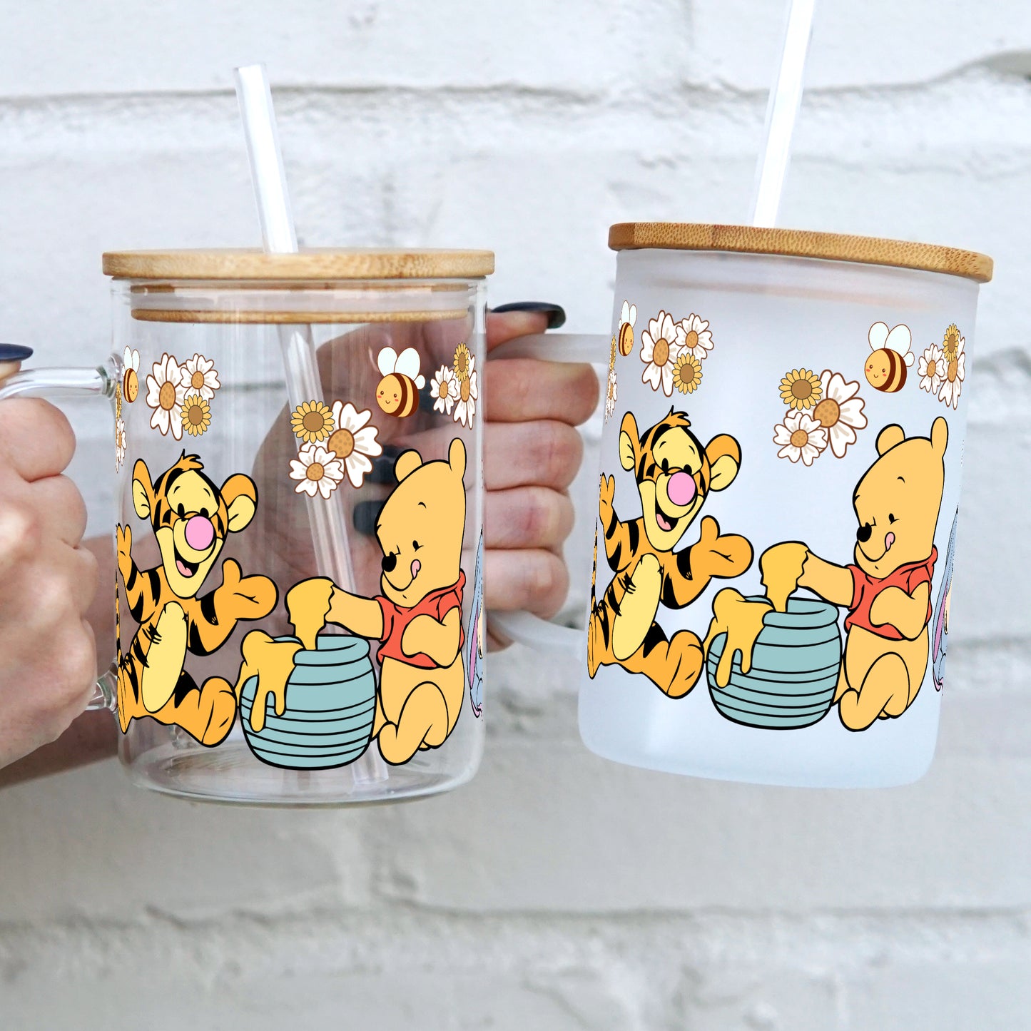 WInnie The Pooh Kids 17oz Glass Mug With Lid and Straw