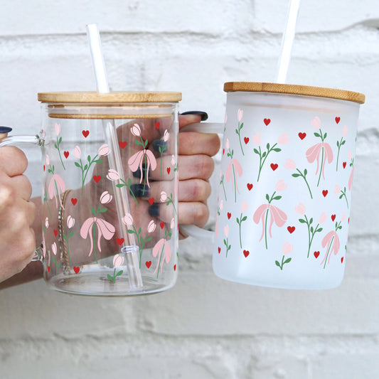 Bows and Flowers 17oz Glass Mug With Lid and Straw